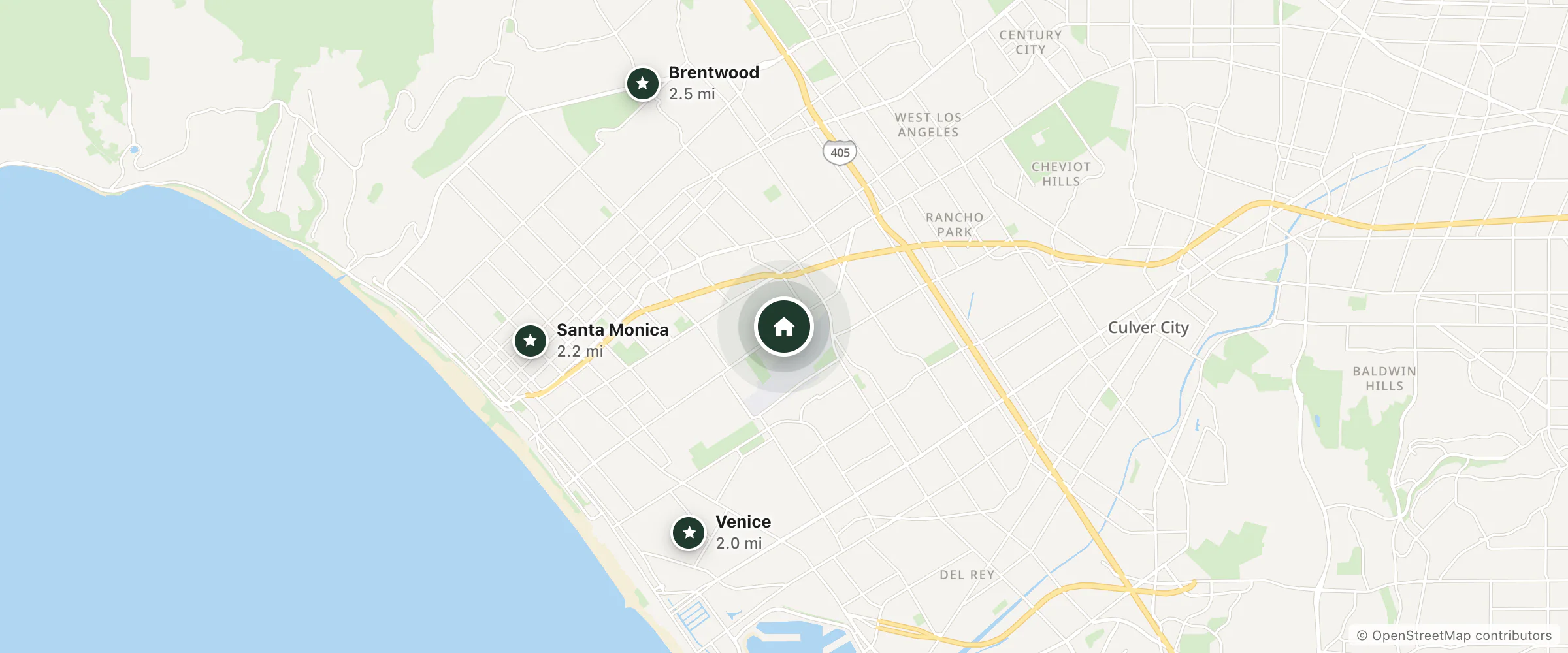Map of Ocean Park Hotel and nearby Venice, Santa Monica and Brentwood