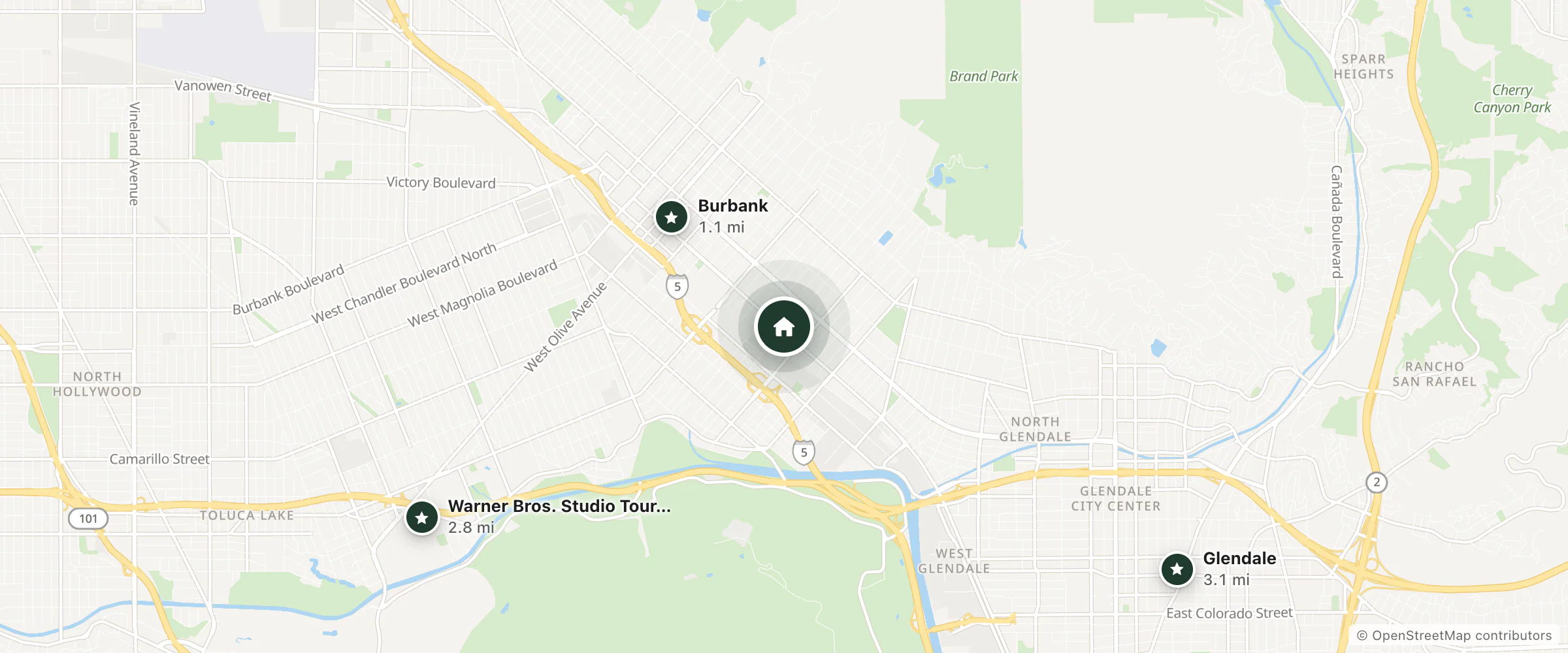 Map of Glen Capri Burbank Universal and nearby Burbank, Warner Bros. Studio Tour Hollywood and Glendale