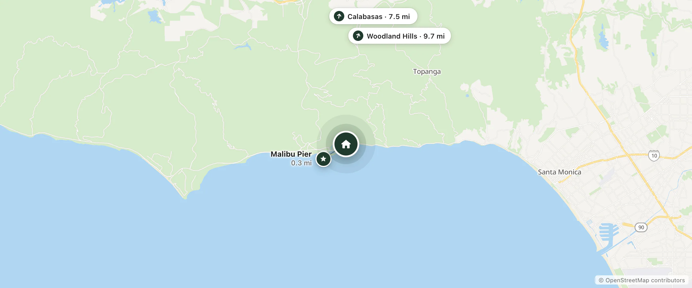 Map of Nobu Ryokan Malibu and nearby Malibu Pier, Calabasas and Woodland Hills