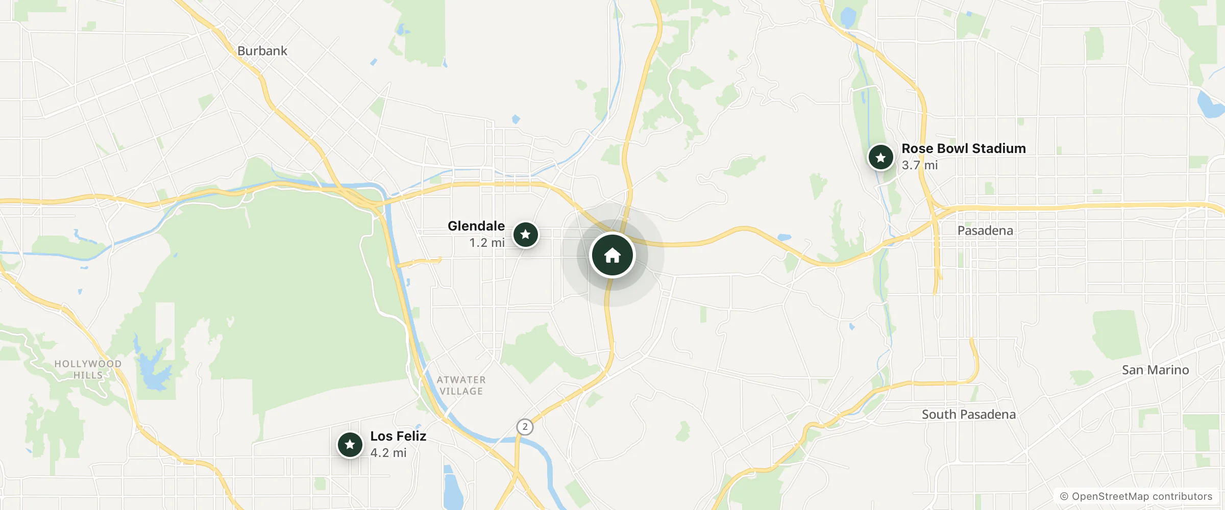 Map of Best Western Plus Glendale and nearby Glendale, Rose Bowl Stadium and Los Feliz
