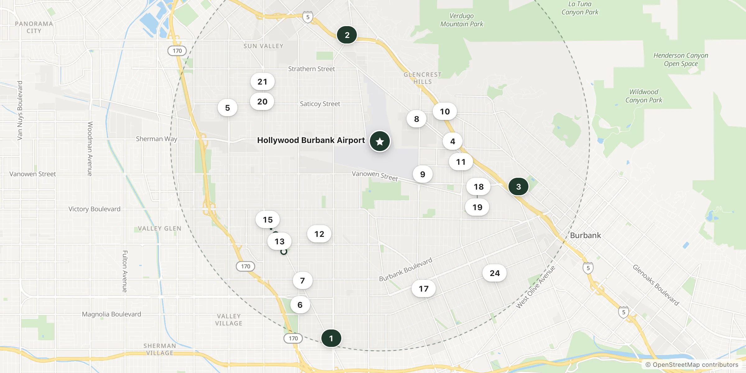 Map of hotels near Hollywood Burbank Airport
