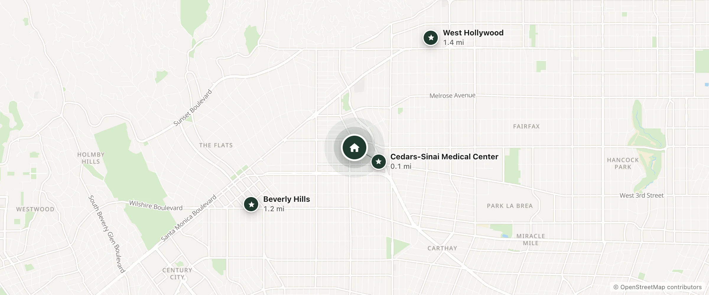 Map of Elk Mountain Resort and nearby Cedars-Sinai Medical Center, Beverly Hills and West Hollywood