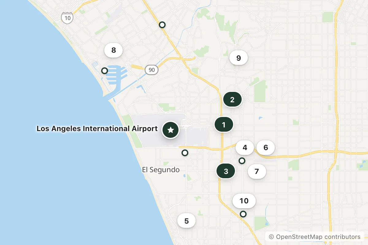 Map of the top 16 hotels for this question around Los Angeles International Airport