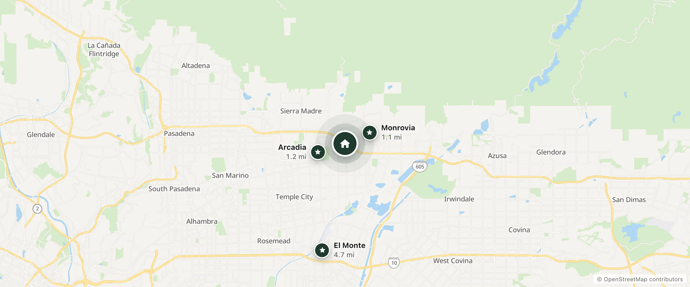 Map of Double Tree Hilton Lounge and nearby Monrovia, Arcadia and El Monte