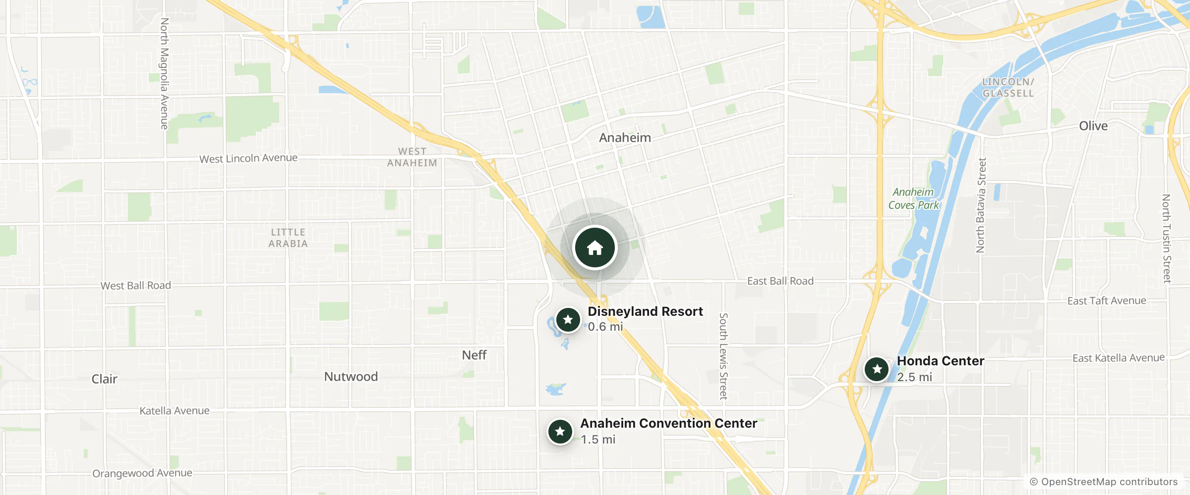 Map of Anaheim Tropic Motel and nearby Disneyland Resort, Anaheim Convention Center and Honda Center