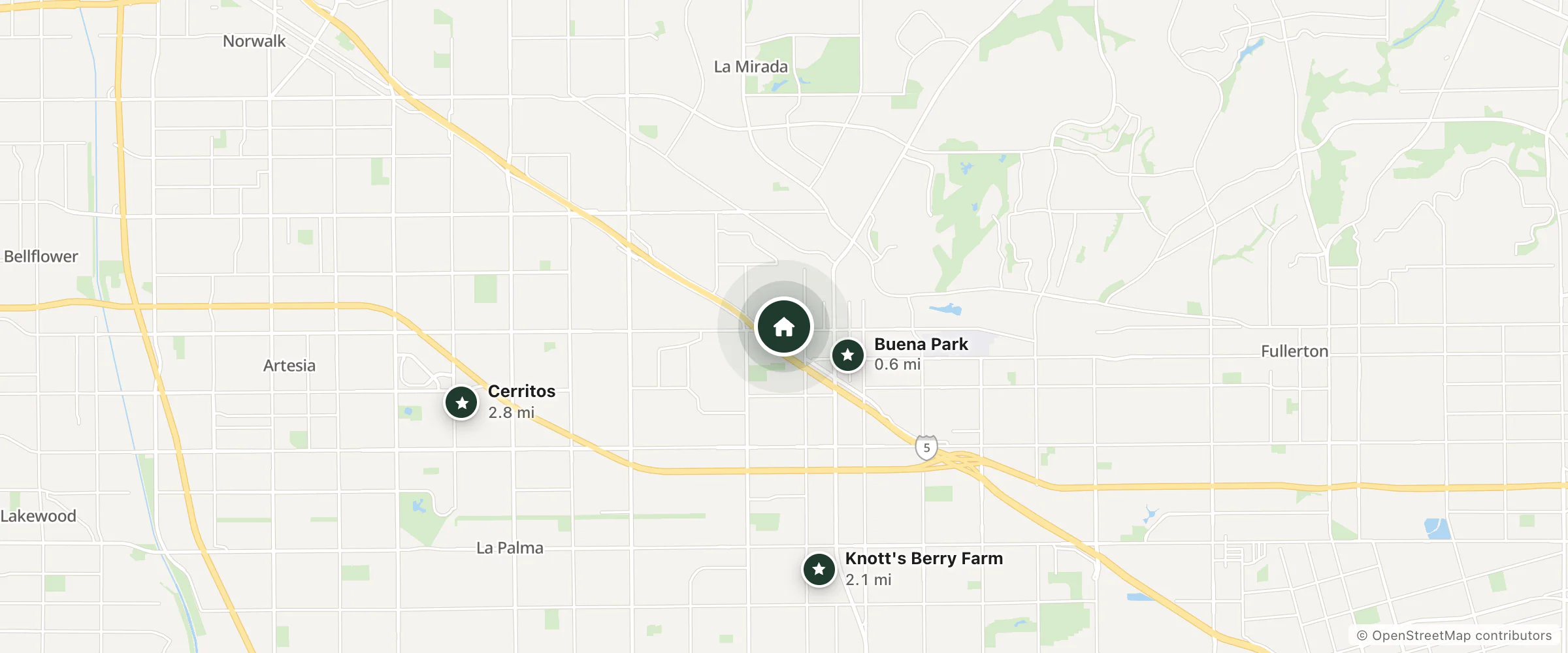 Map of Hampton Inn & Suites Buena Park and nearby Buena Park, Knott's Berry Farm and Cerritos
