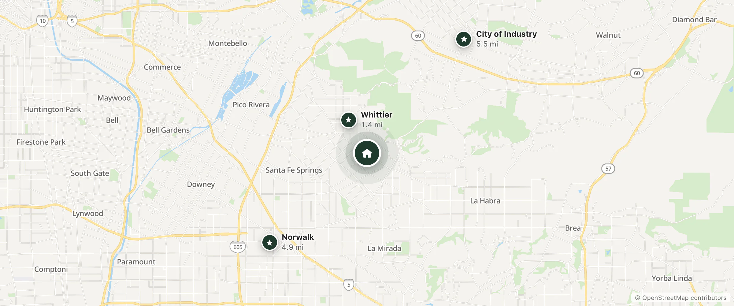 Map of Vagabond Inn and nearby Whittier, Norwalk and City of Industry
