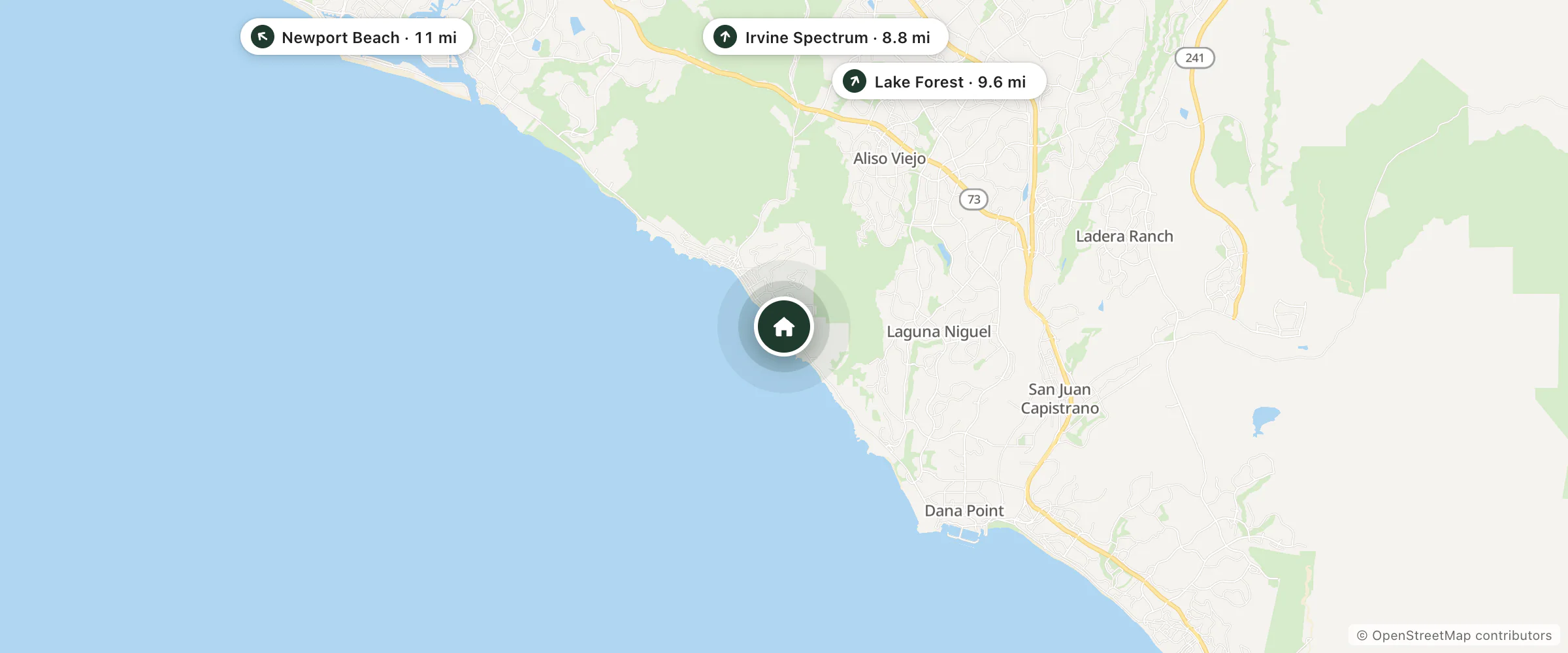Map of Casa Laguna Hotel & Spa and nearby Irvine Spectrum, Lake Forest and Newport Beach