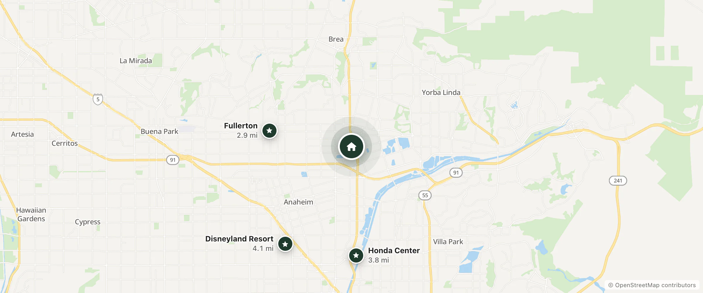Map of Residence Inn and nearby Fullerton, Honda Center and Disneyland Resort