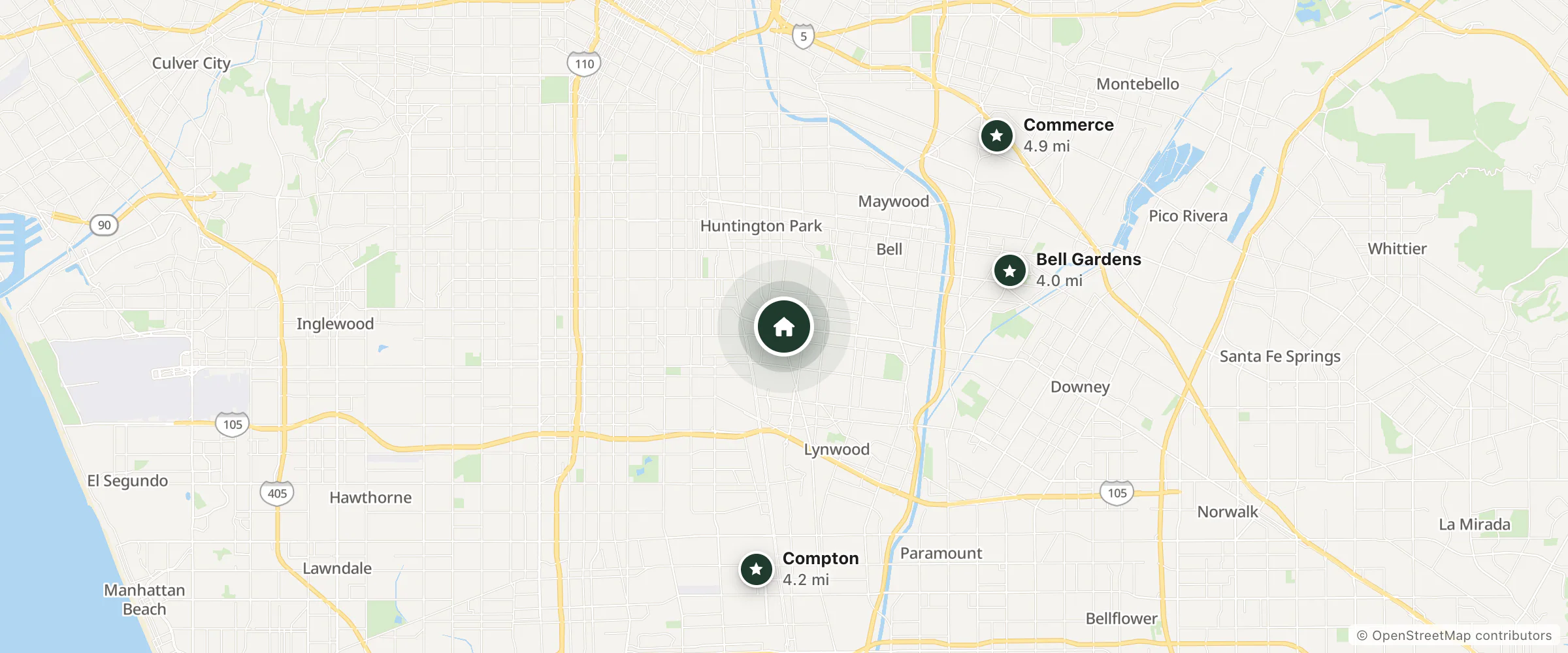 Map of Los Arcos Inn and nearby Bell Gardens, Compton and Commerce