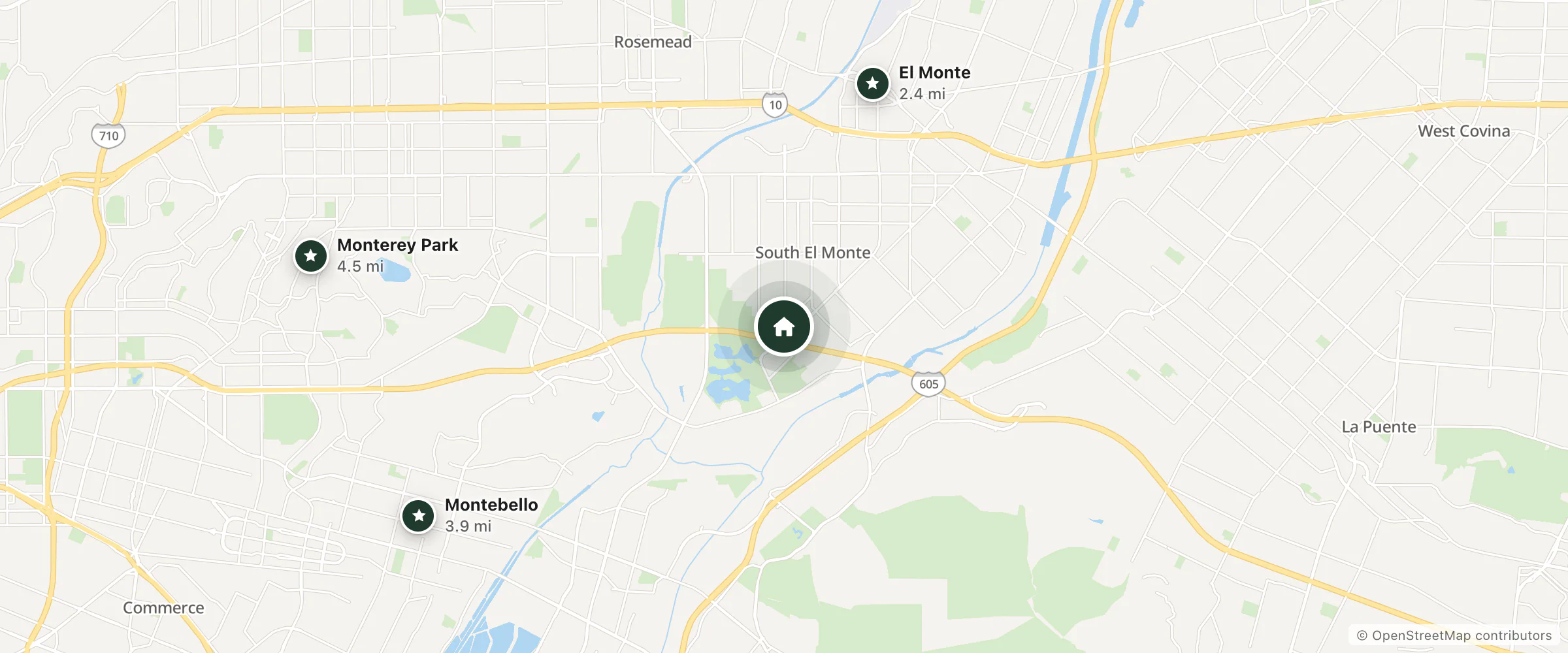 Map of Park Suites Hotel and nearby El Monte, Montebello and Monterey Park