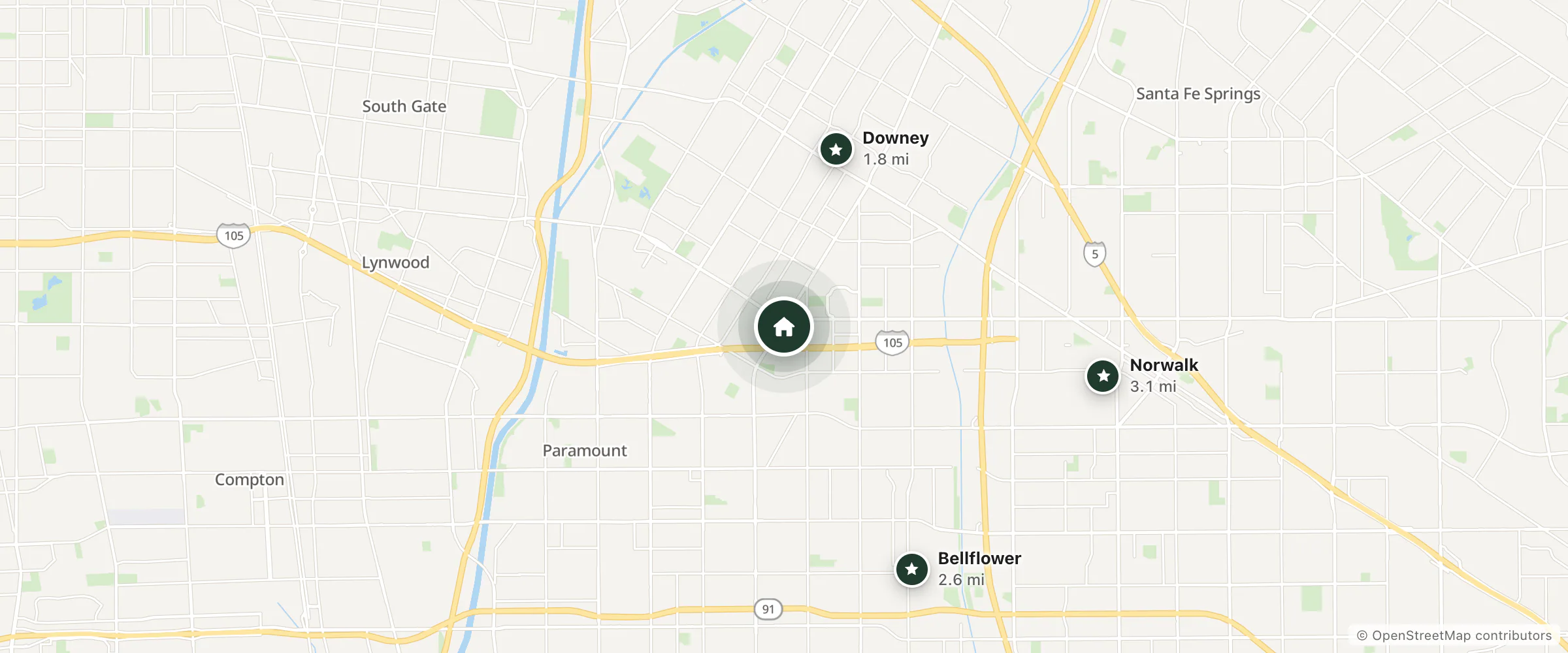 Map of Kamla Hotels and nearby Downey, Bellflower and Norwalk