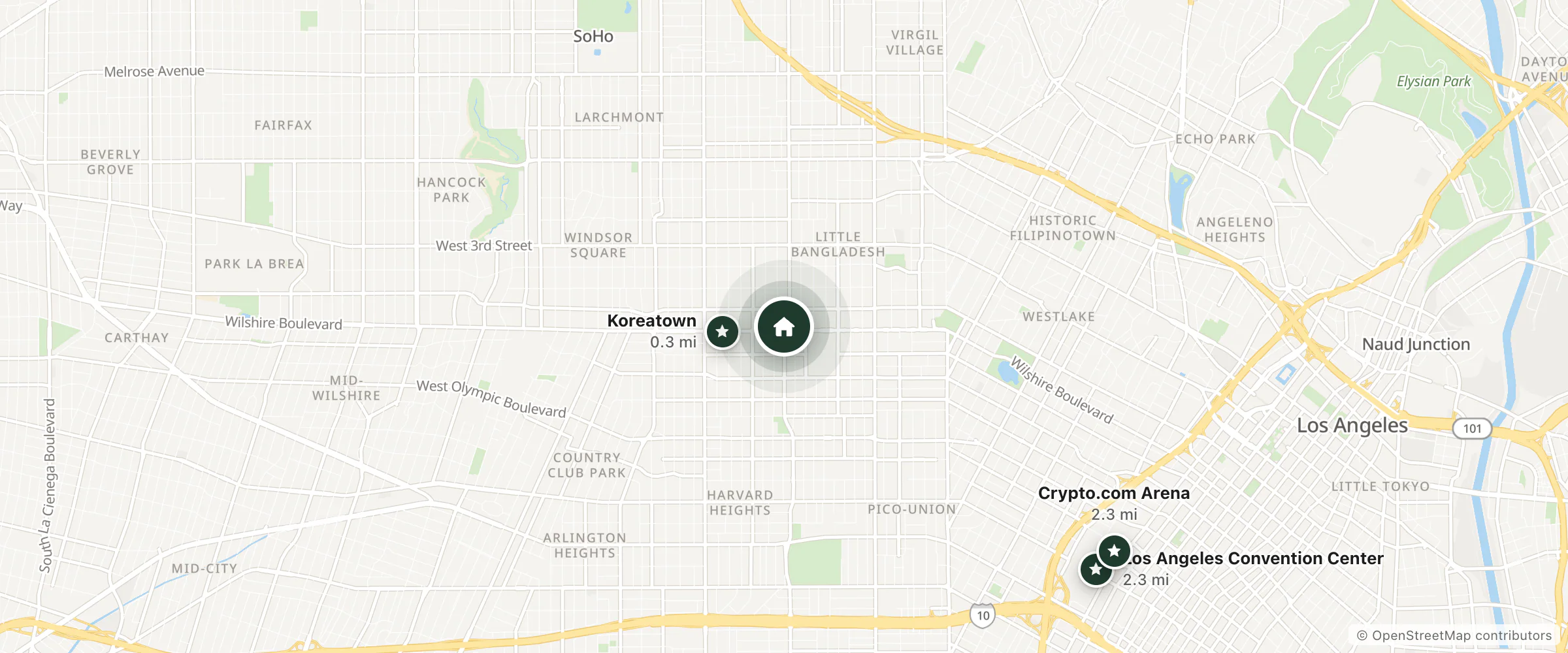 Map of The LINE LA and nearby Koreatown, Los Angeles Convention Center and Crypto.com Arena