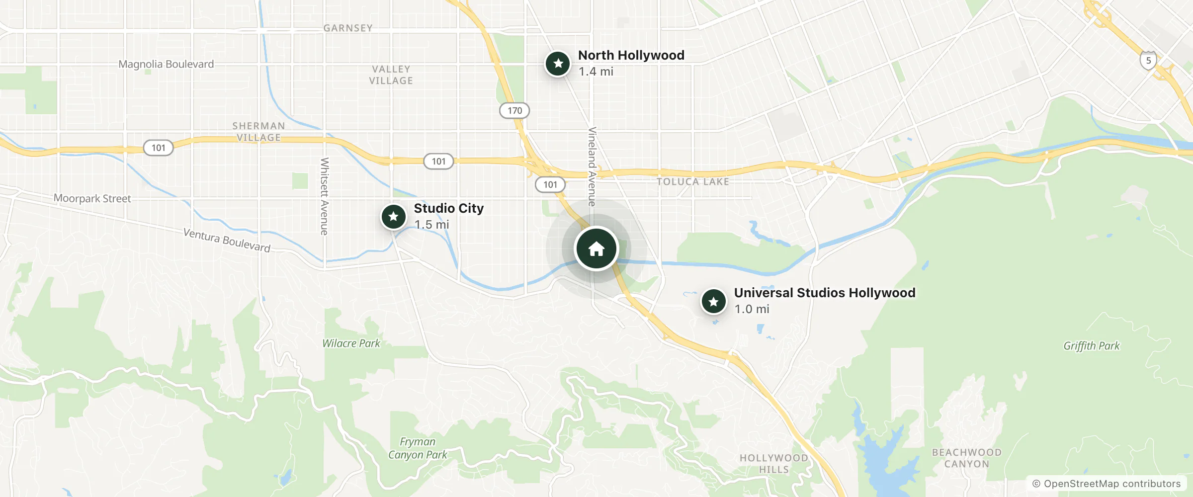 Map of The Garland and nearby Universal Studios Hollywood, North Hollywood and Studio City