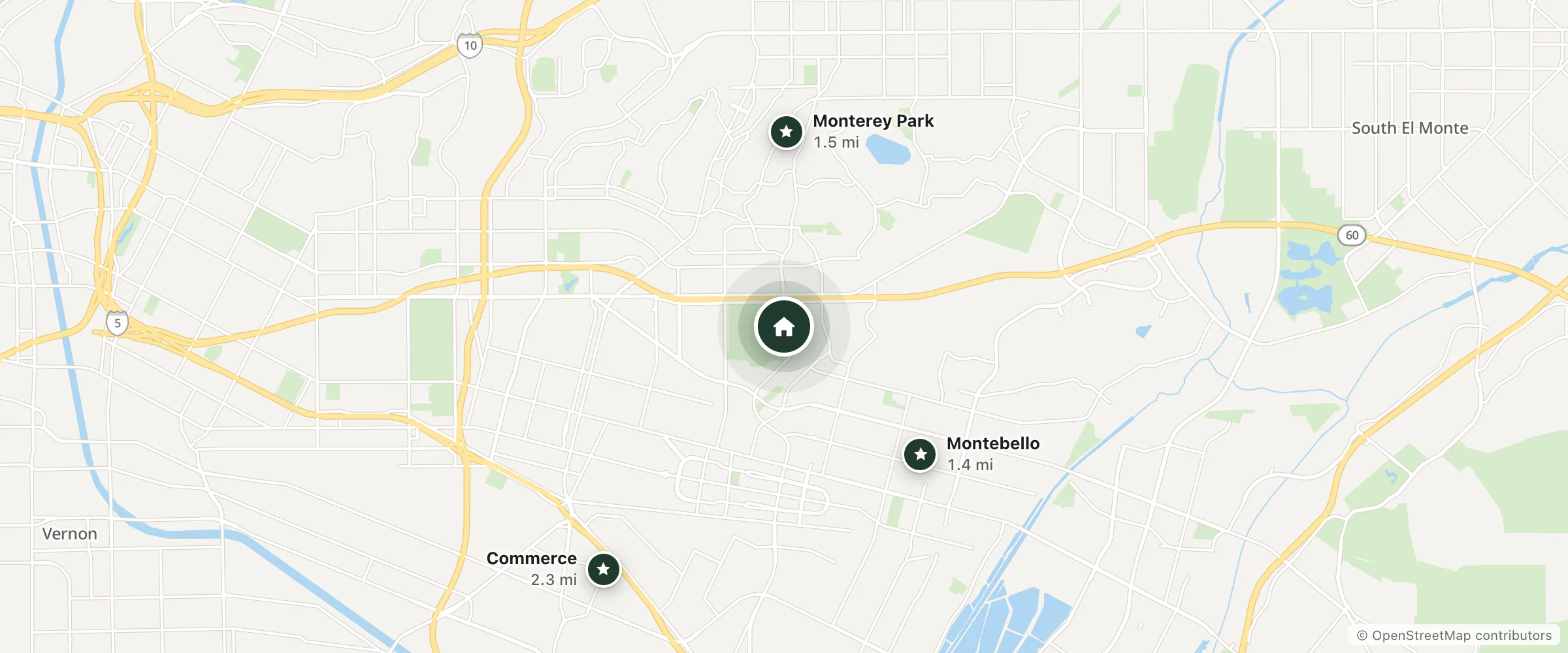 Map of Home2 Suites by Hilton Los Angeles Montebello and nearby Montebello, Monterey Park and Commerce