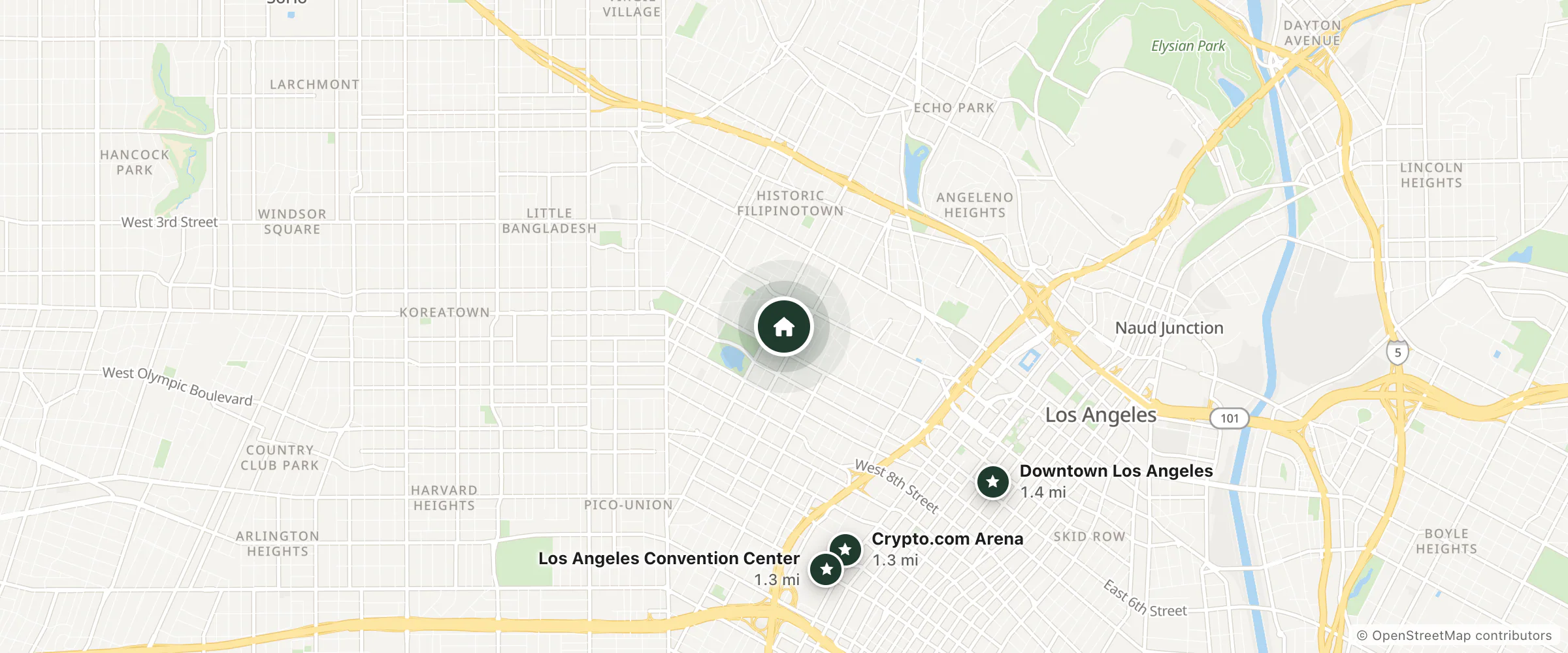 Map of Travel Inn and nearby Crypto.com Arena, Los Angeles Convention Center and Downtown Los Angeles