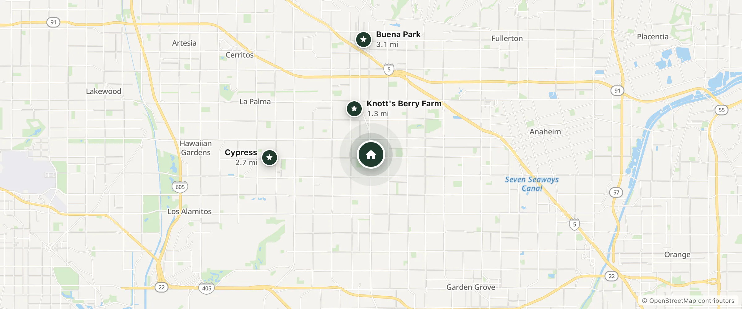 Map of Calico Motel and nearby Knott's Berry Farm, Cypress and Buena Park