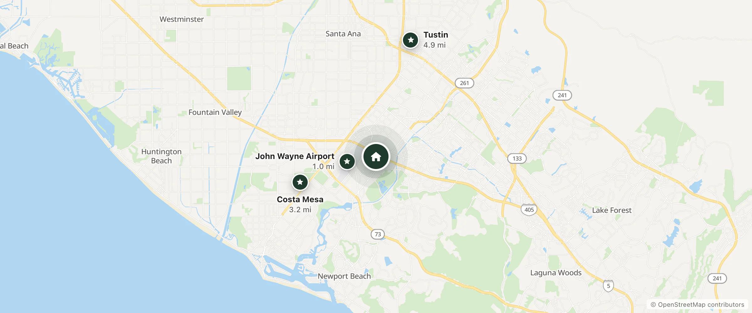 Map of Irvine Marriott and nearby John Wayne Airport, Costa Mesa and Tustin
