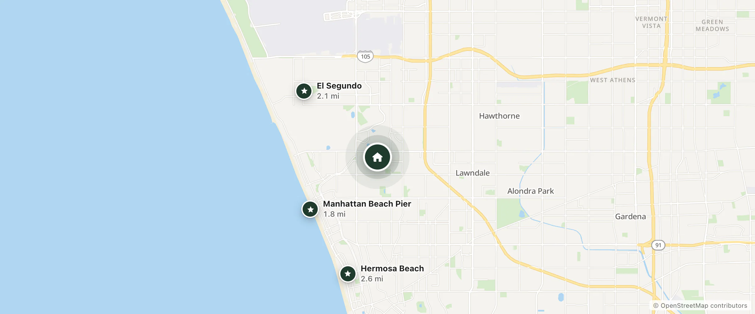 Map of Radisson Plaza Hotel and nearby Manhattan Beach Pier, El Segundo and Hermosa Beach