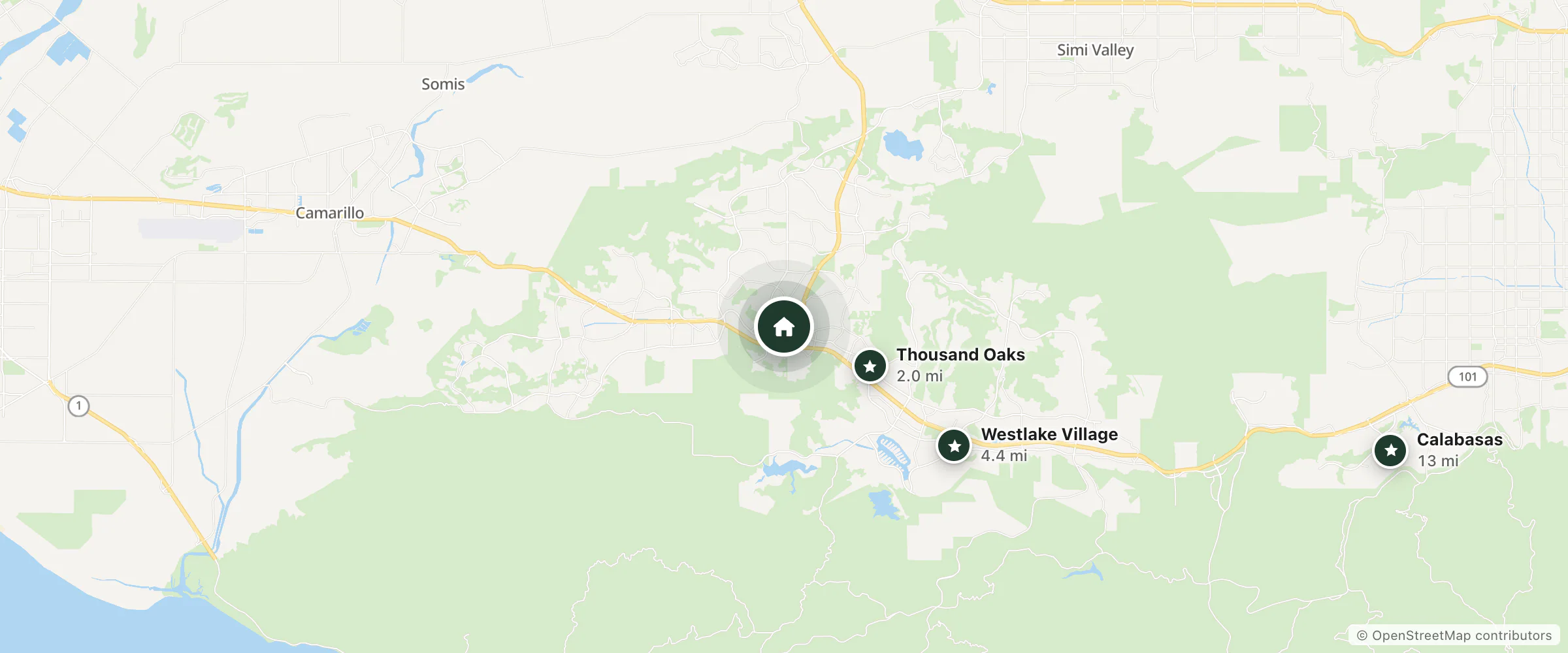 Map of Oakwood Thousand Oaks and nearby Thousand Oaks, Westlake Village and Calabasas