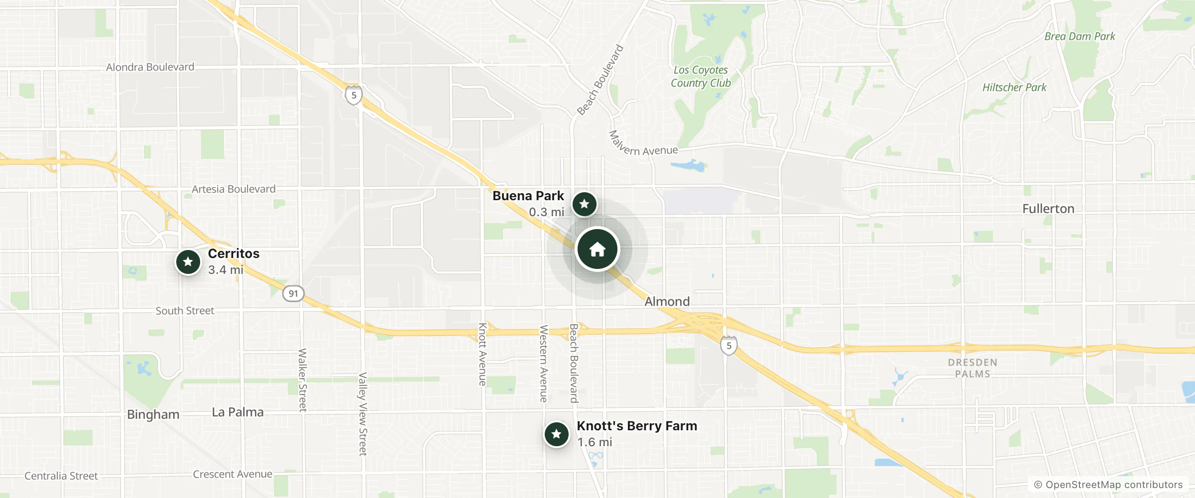 Map of Travelodge and nearby Buena Park, Knott's Berry Farm and Cerritos