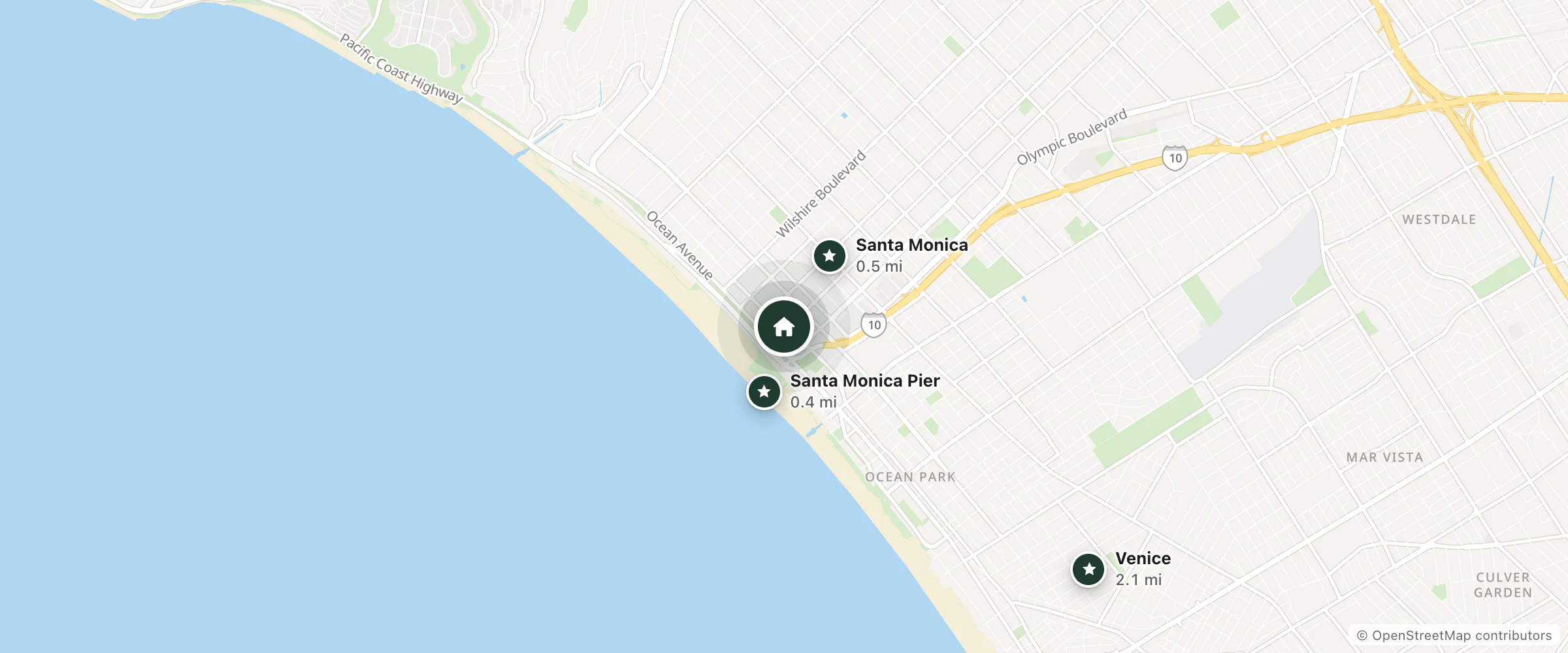 Map of Hotel Carmel and nearby Santa Monica Pier, Santa Monica and Venice