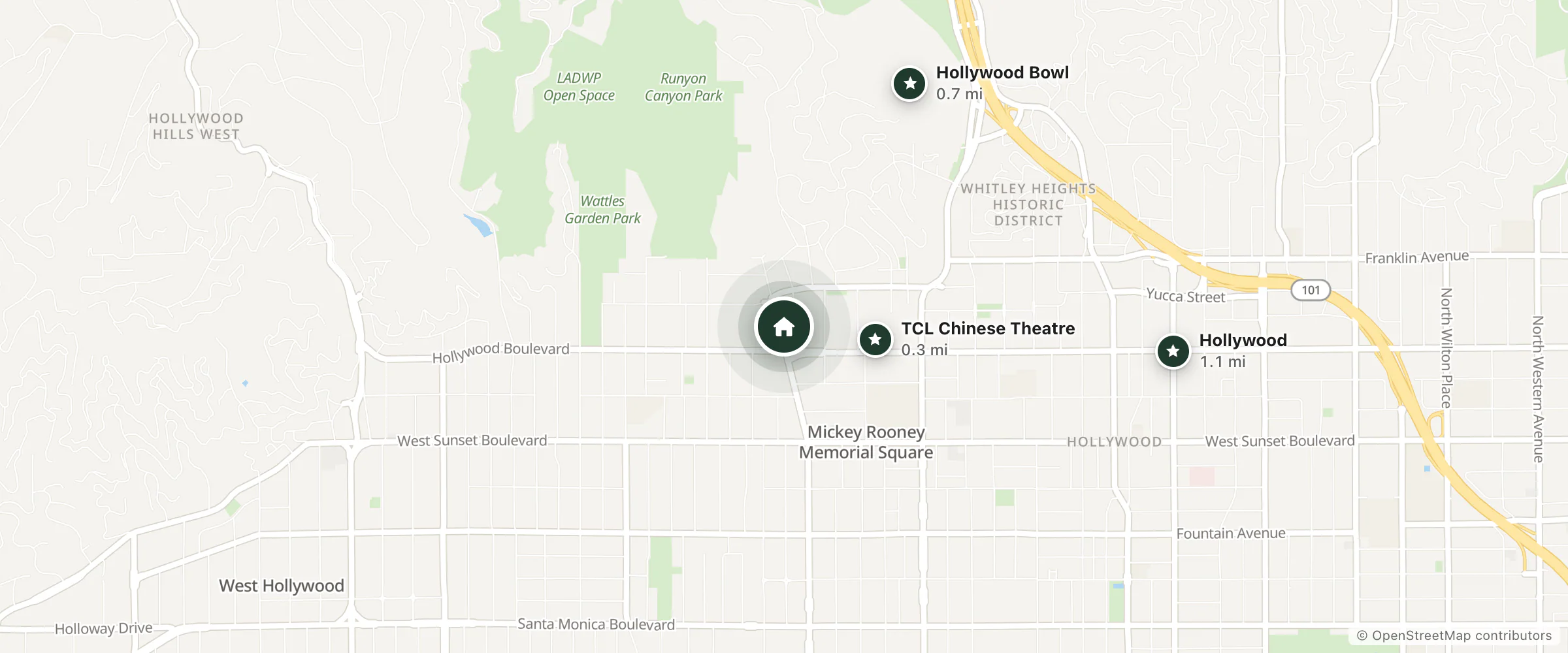 Map of Hollywood Seven Star Motel and nearby TCL Chinese Theatre, Hollywood Bowl and Hollywood