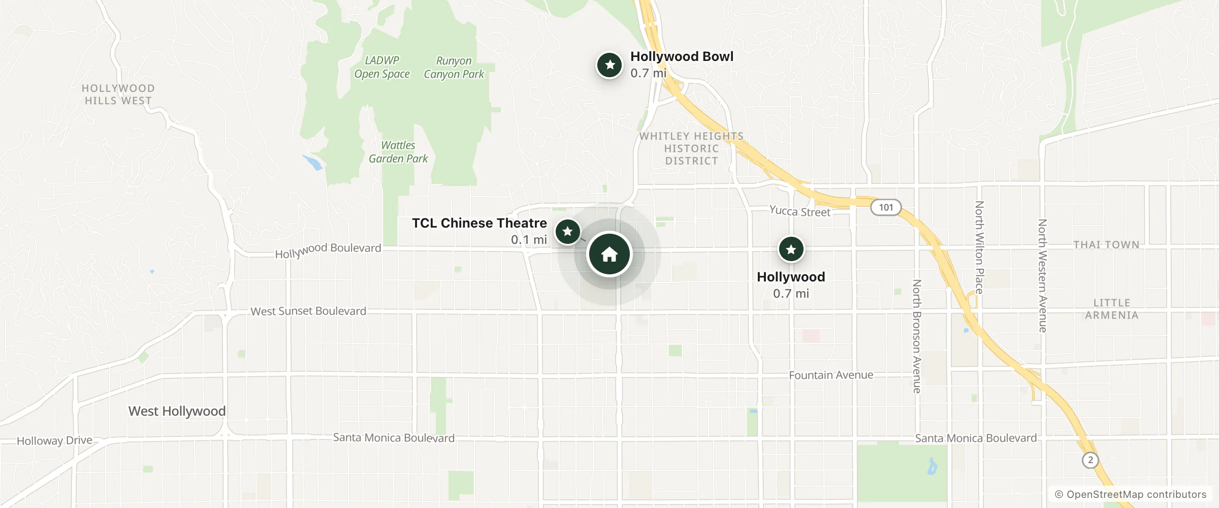 Map of Walk of Fame Hostel and nearby TCL Chinese Theatre, Hollywood and Hollywood Bowl