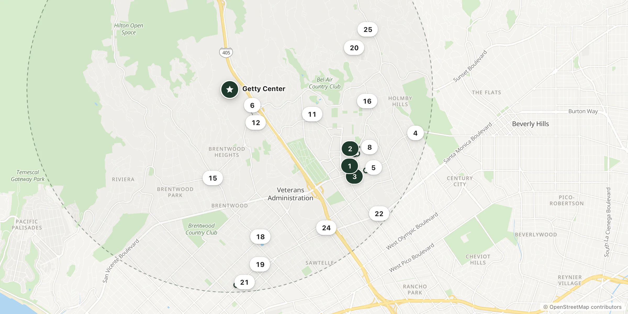 Map of hotels near Getty Center