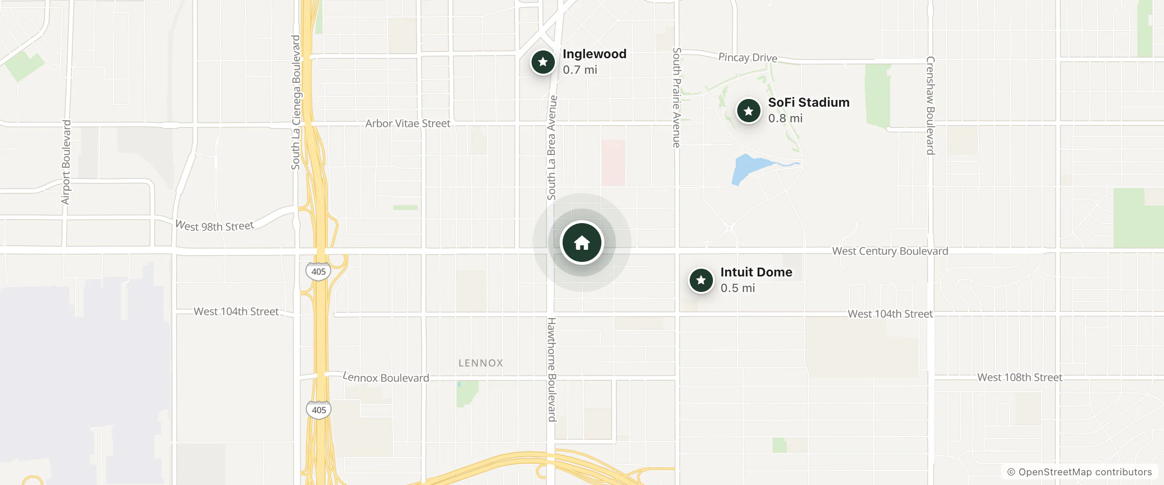Map of Sea Breeze Inn and nearby Intuit Dome, Inglewood and SoFi Stadium