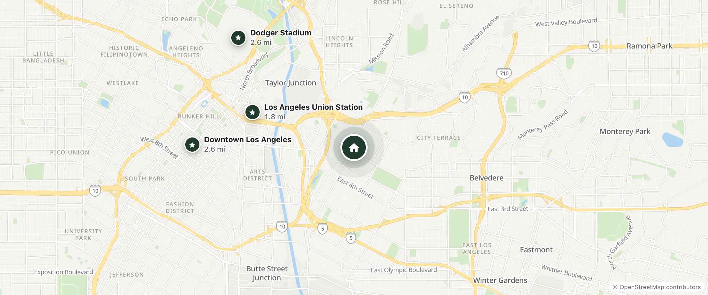 Map of Soto Hotel and nearby Los Angeles Union Station, Dodger Stadium and Downtown Los Angeles