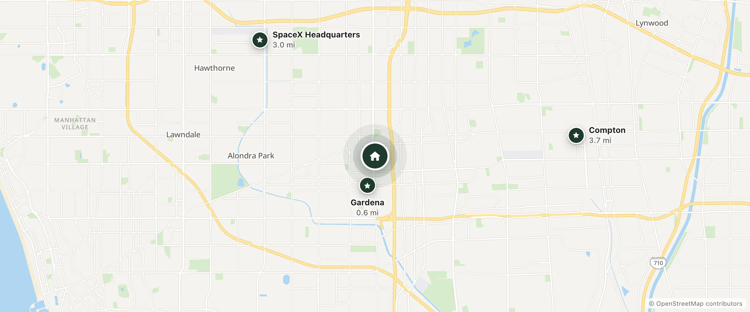 Map of El Dorado Motel and nearby Gardena, SpaceX Headquarters and Compton