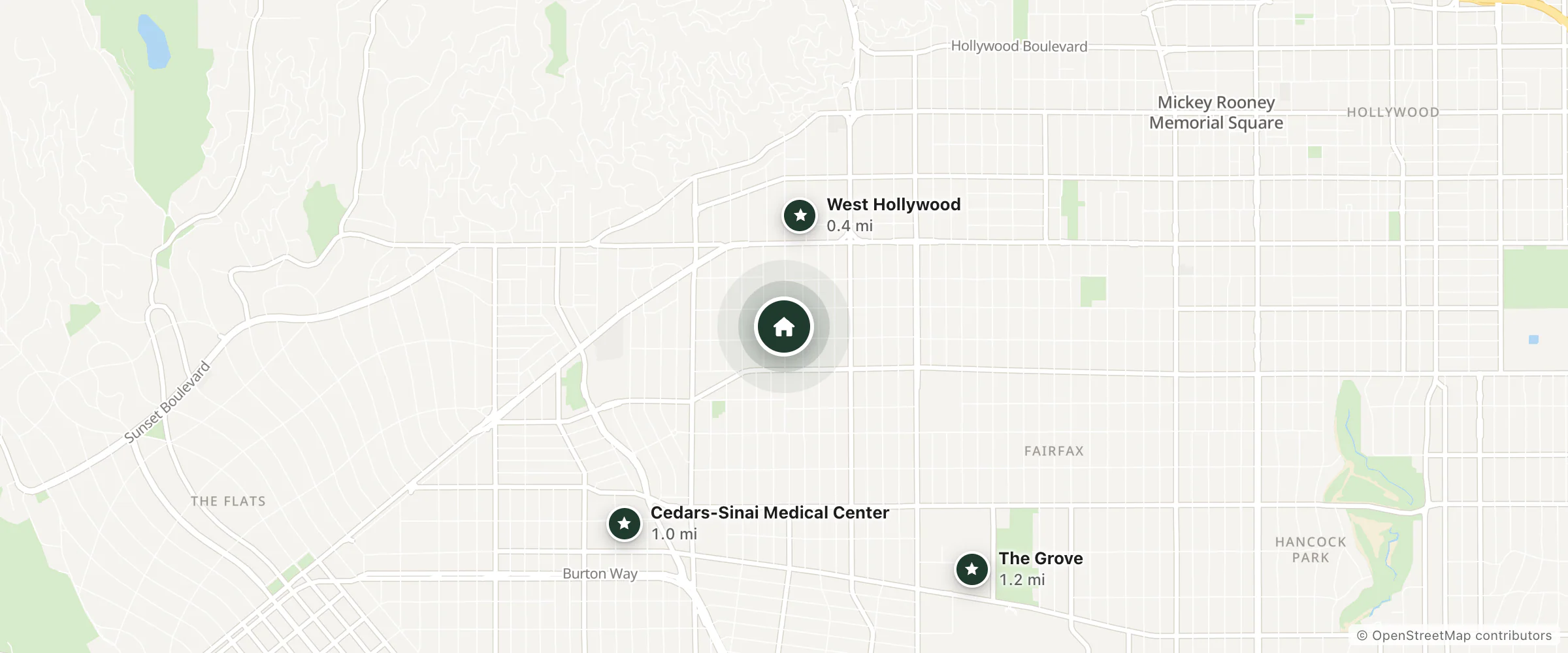 Map of The Charlie and nearby West Hollywood, Cedars-Sinai Medical Center and The Grove