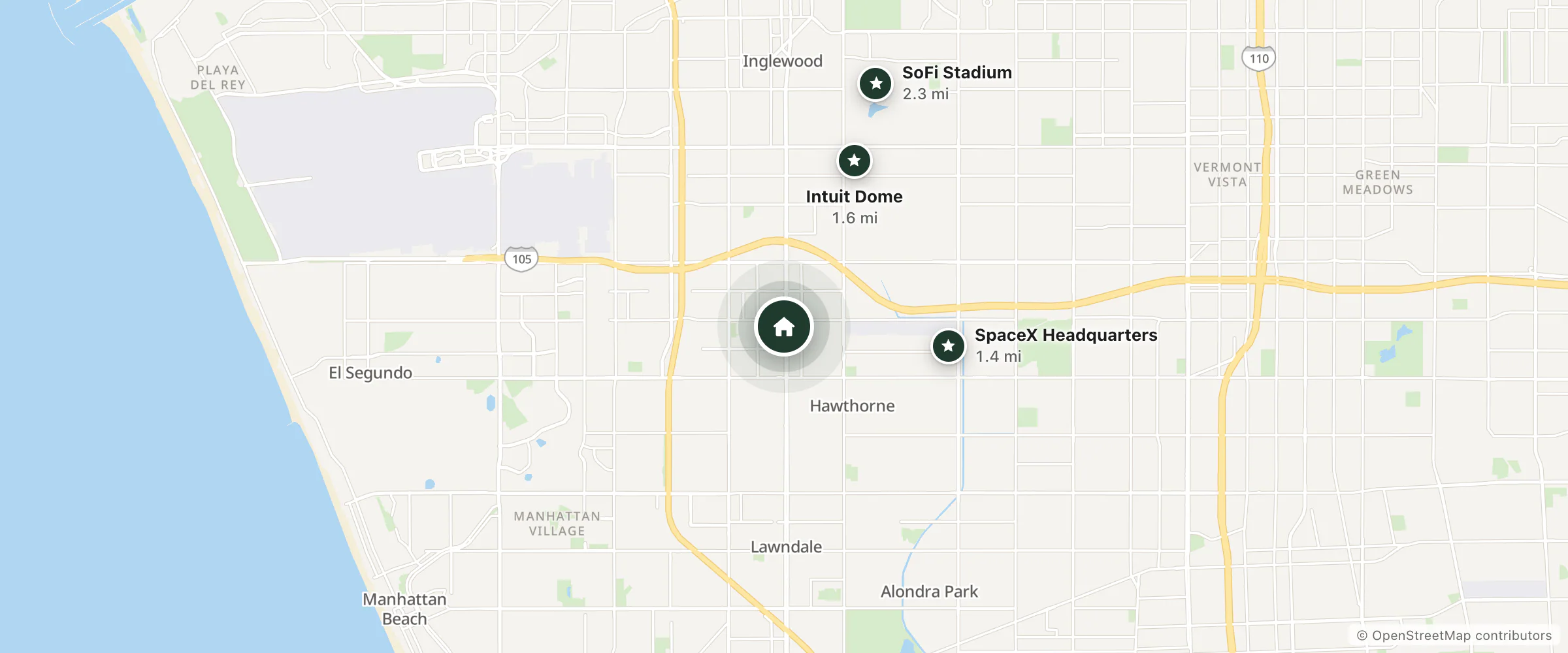 Map of Hawthorne Plaza Inn and nearby SpaceX Headquarters, Intuit Dome and SoFi Stadium