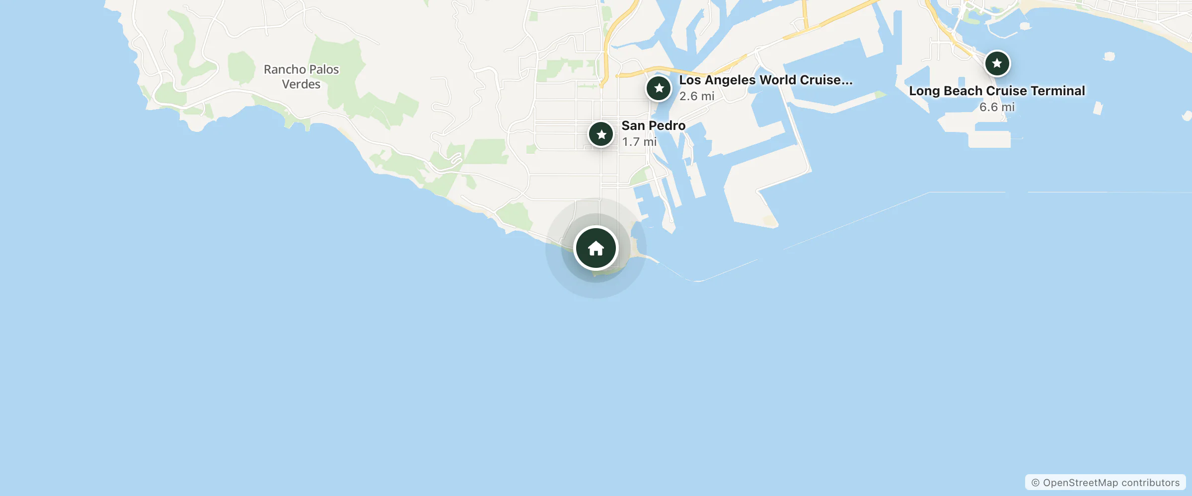 Map of Hostelling Internatl Los Angeles South Bay and nearby San Pedro, Los Angeles World Cruise Center and Long Beach Cruise Terminal