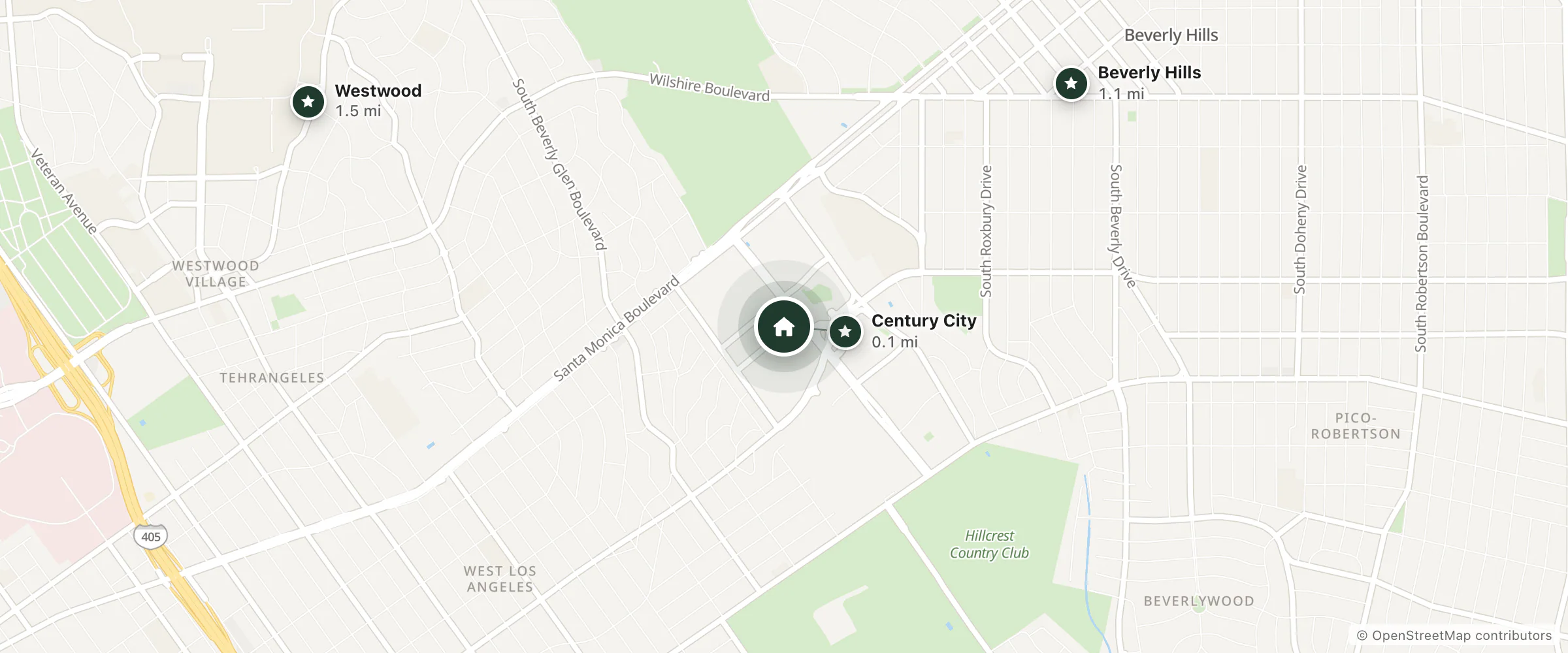 Map of Hyatt Regency Century Plaza and nearby Century City, Beverly Hills and Westwood