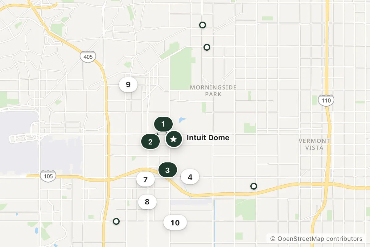 Map of the top 14 hotels for this question around Intuit Dome