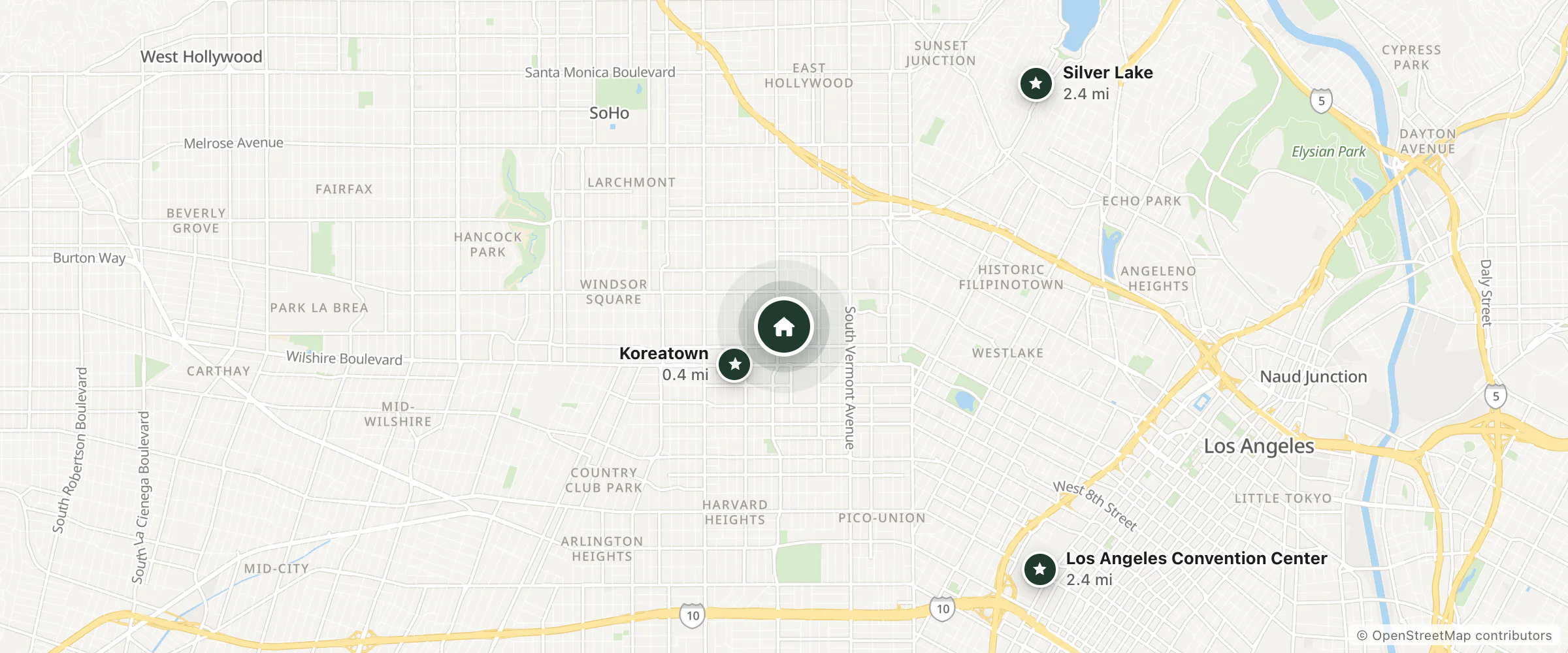 Map of The Ivory and nearby Koreatown, Silver Lake and Los Angeles Convention Center