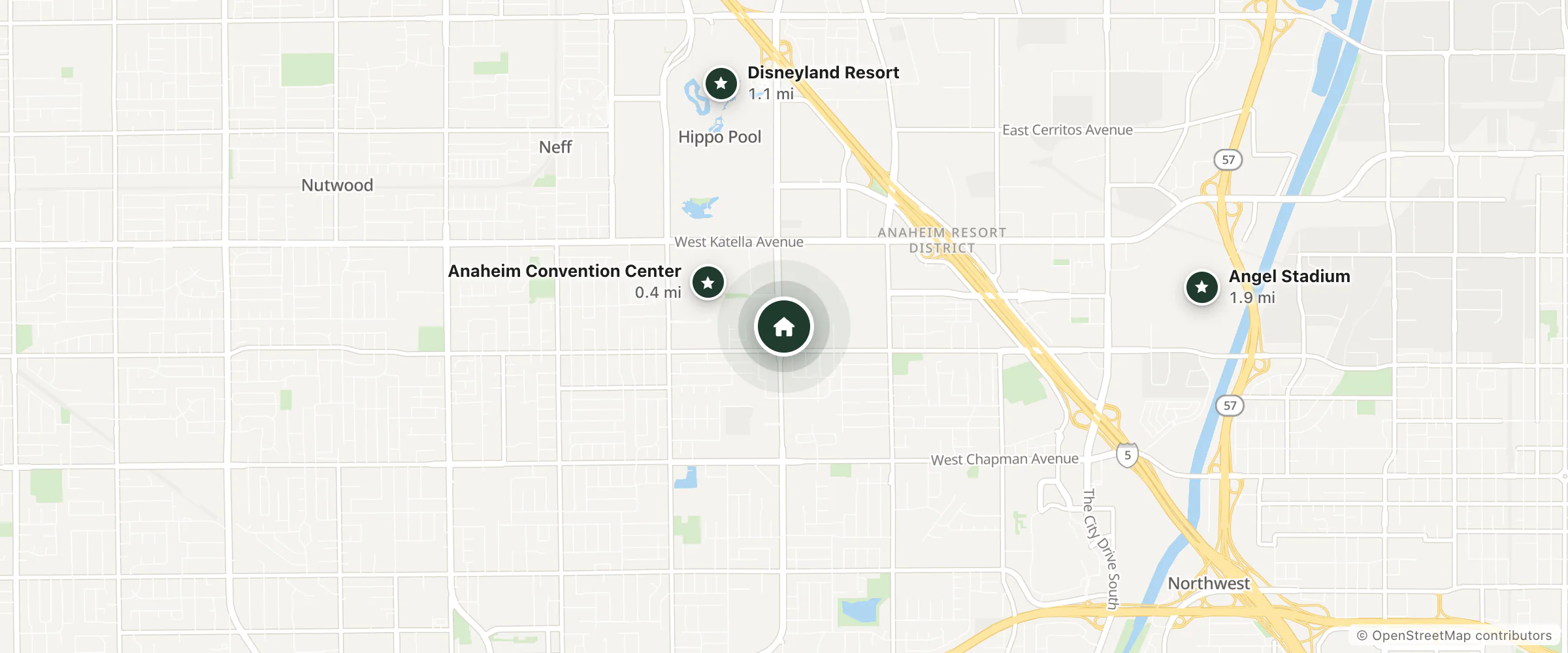 Map of Best Western Plus Raffles Inn & Suites and nearby Anaheim Convention Center, Disneyland Resort and Angel Stadium