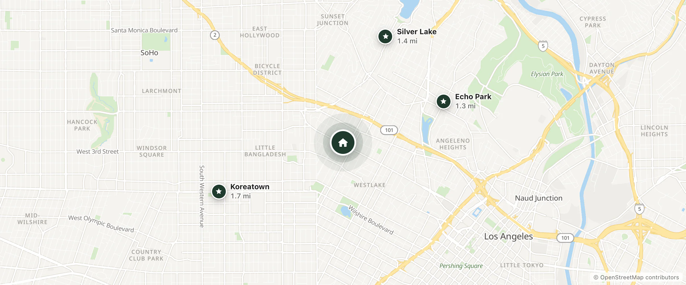 Map of Lafayette Motel and nearby Echo Park, Silver Lake and Koreatown