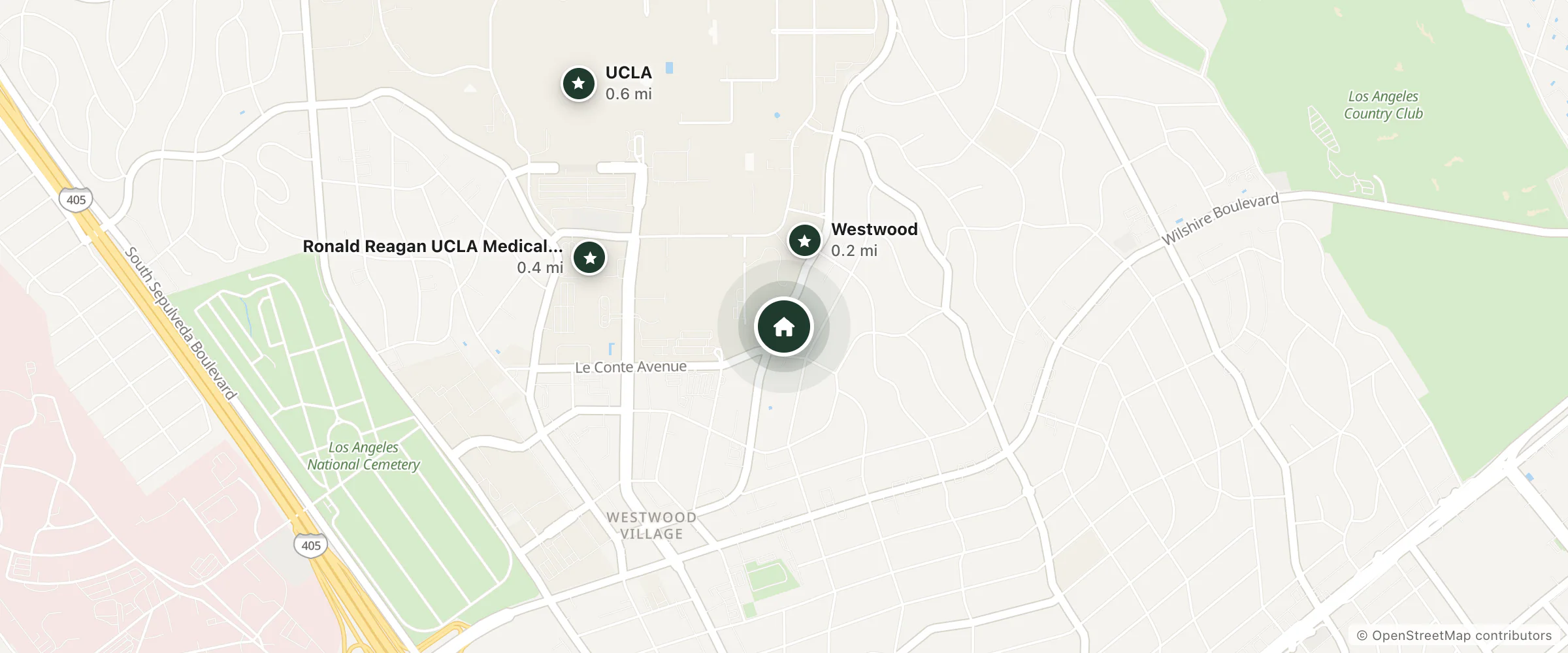 Map of Hilgard Homes and nearby Westwood, Ronald Reagan UCLA Medical Center and UCLA