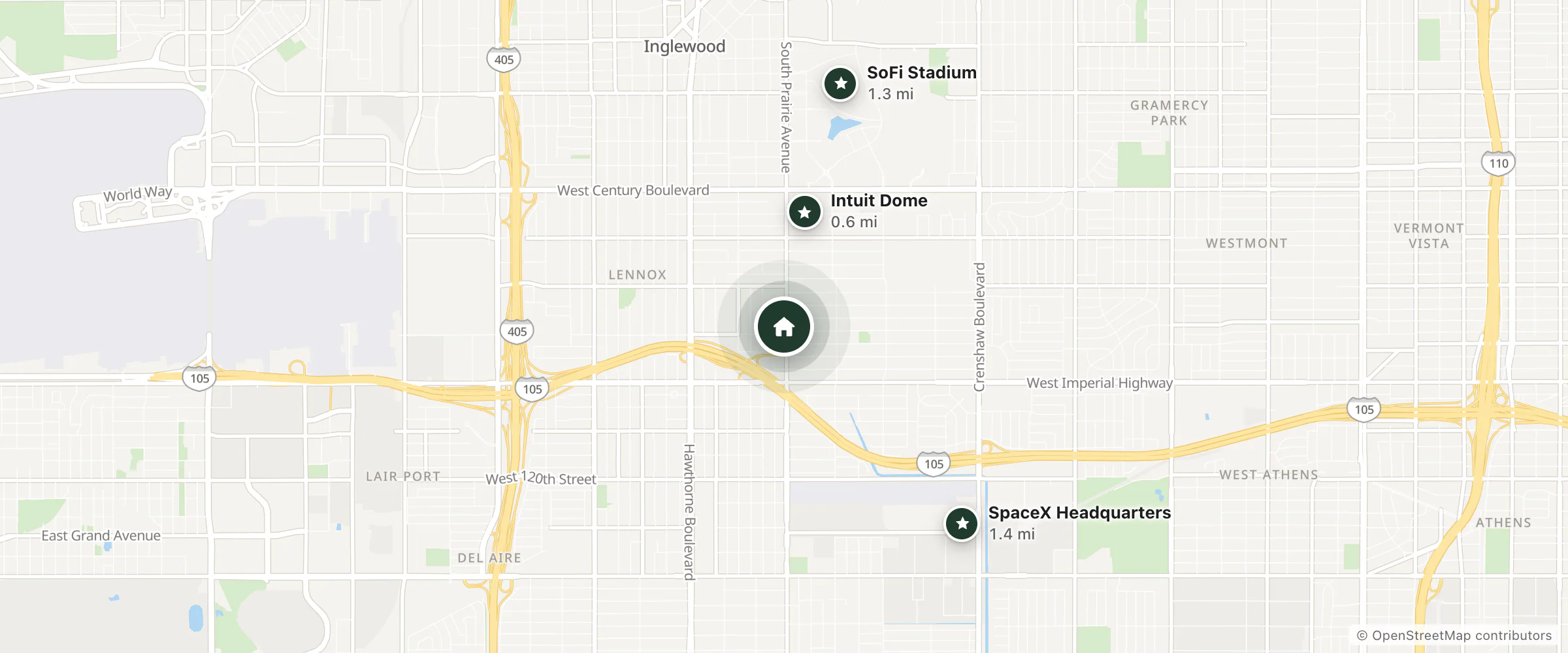 Map of American Inn and Suites LAX and nearby Intuit Dome, SoFi Stadium and SpaceX Headquarters