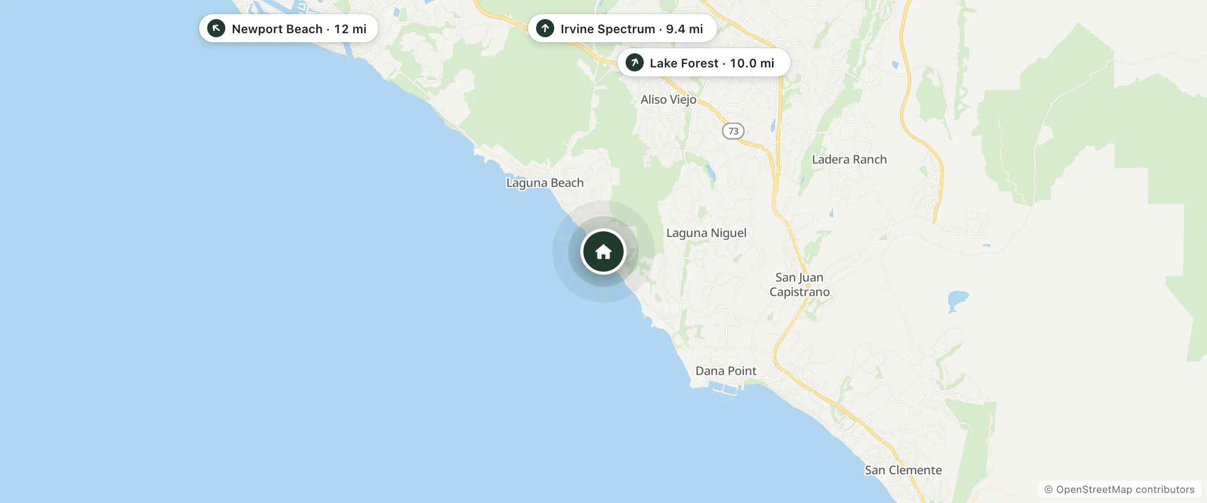 Map of Montage Laguna Beach and nearby Irvine Spectrum, Lake Forest and Newport Beach