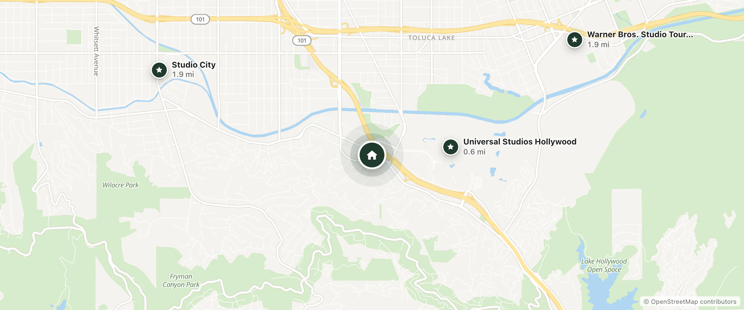 Map of Studio Place Inn and nearby Universal Studios Hollywood, Studio City and Warner Bros. Studio Tour Hollywood