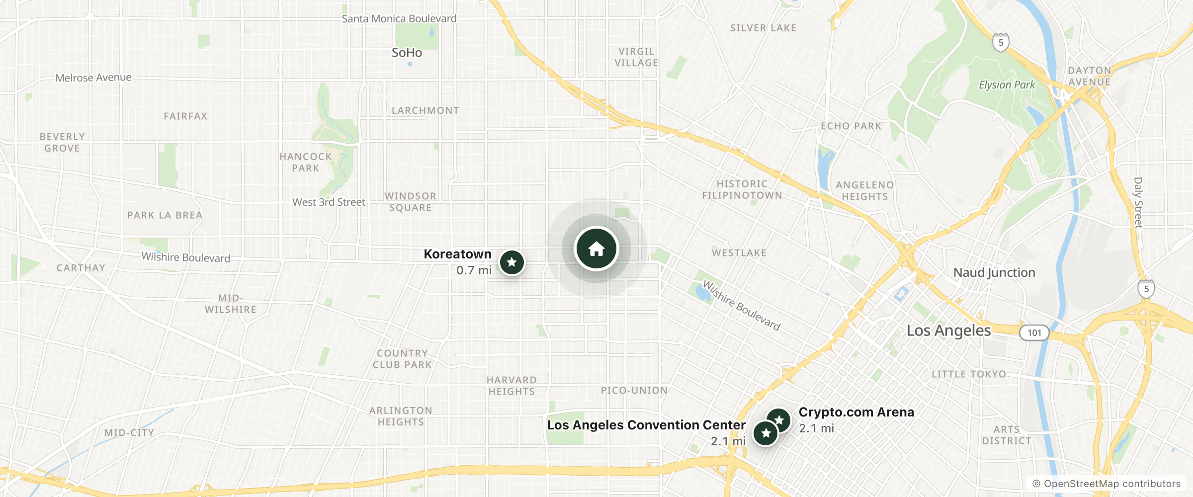 Map of Best Western Plus Midtown Hotel and nearby Koreatown, Crypto.com Arena and Los Angeles Convention Center