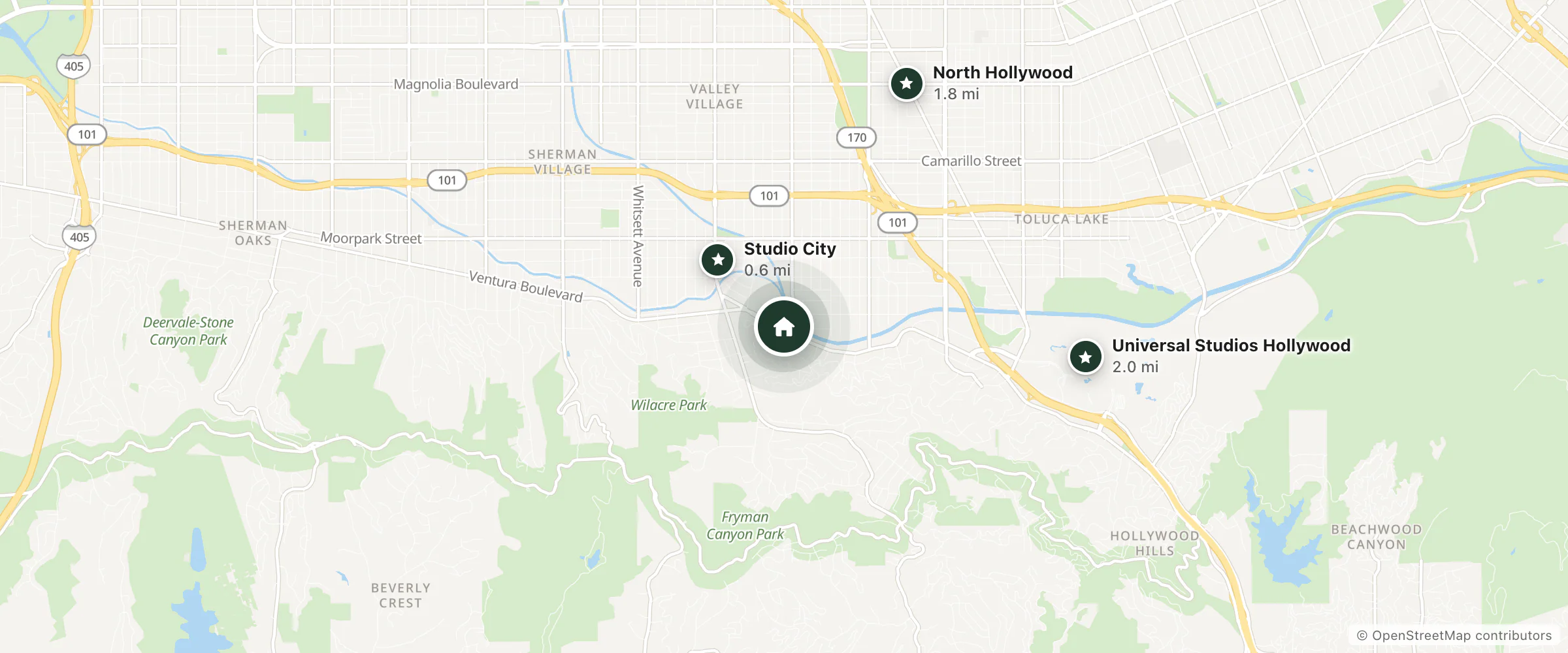 Map of Studio City Inn and nearby Studio City, North Hollywood and Universal Studios Hollywood