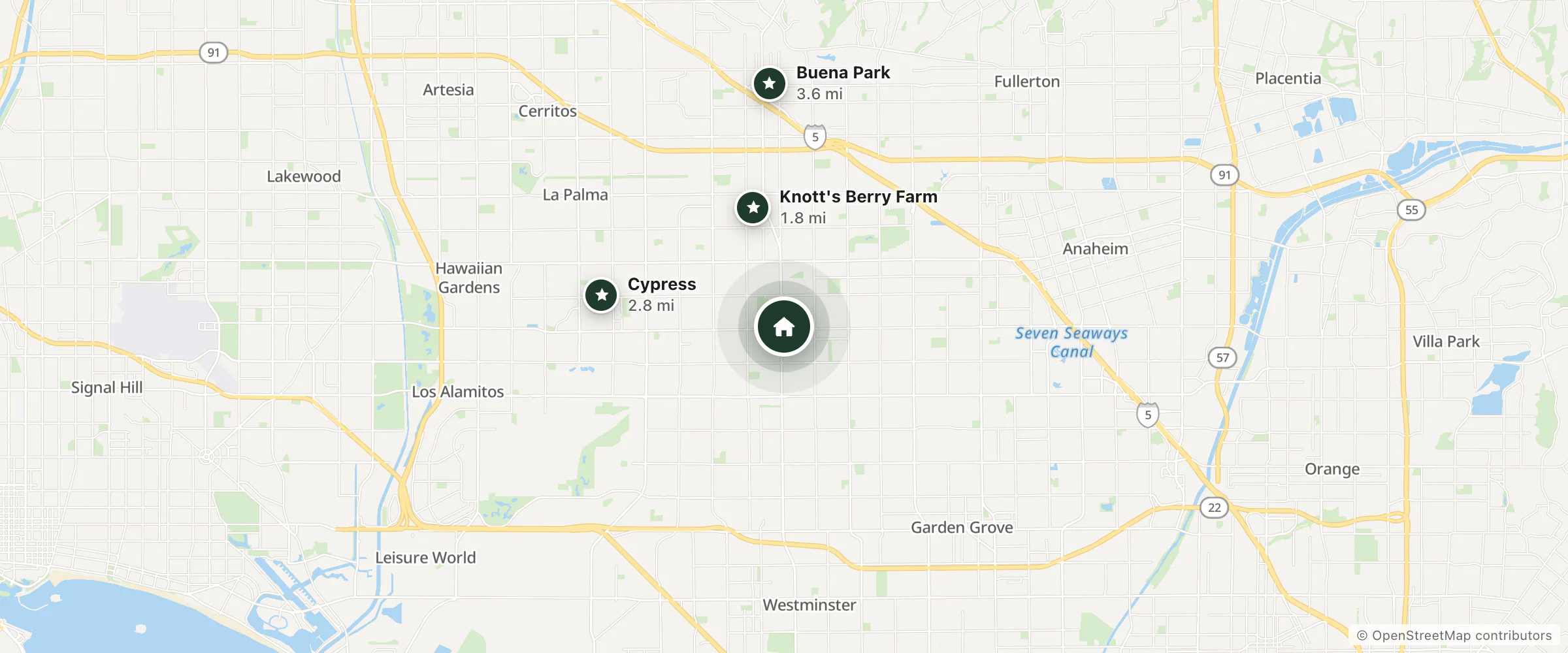 Map of Travel Inn Motel and nearby Knott's Berry Farm, Cypress and Buena Park
