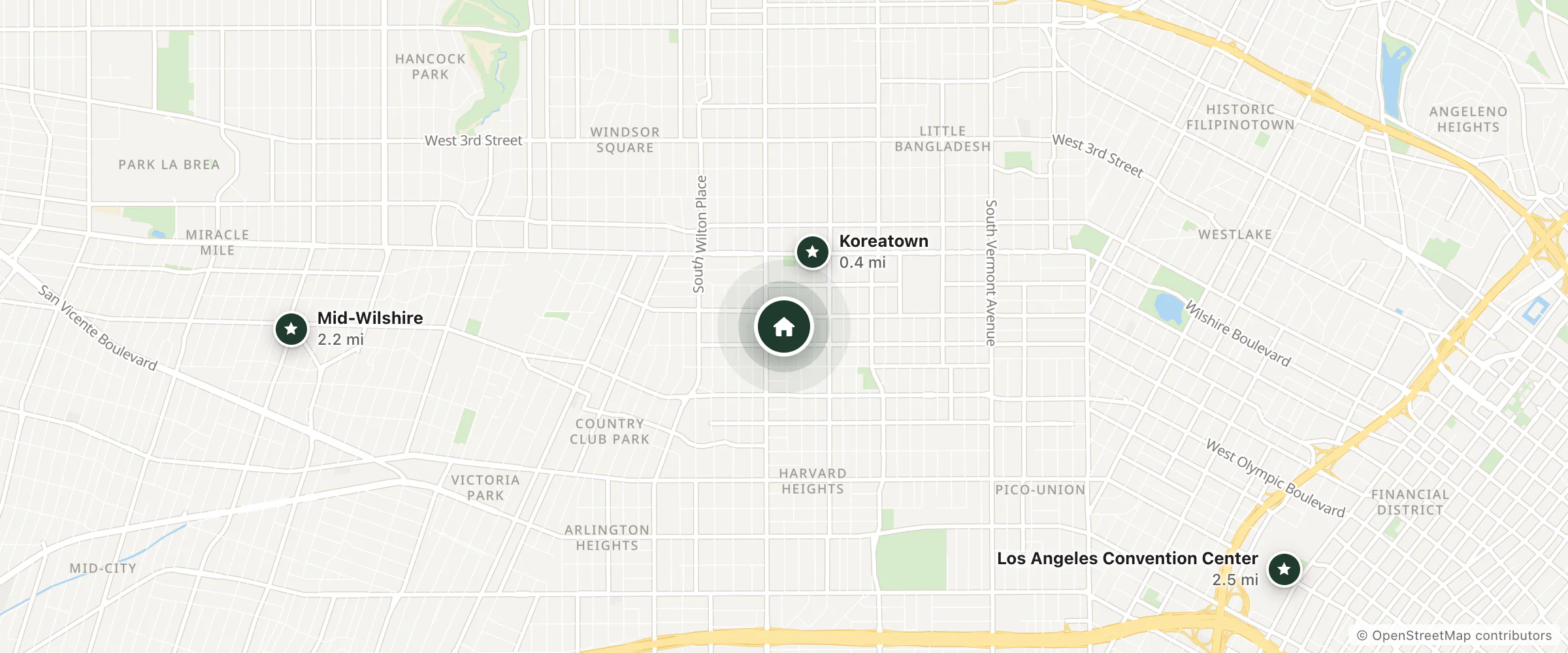 Map of The Rumi and nearby Koreatown, Mid-Wilshire and Los Angeles Convention Center