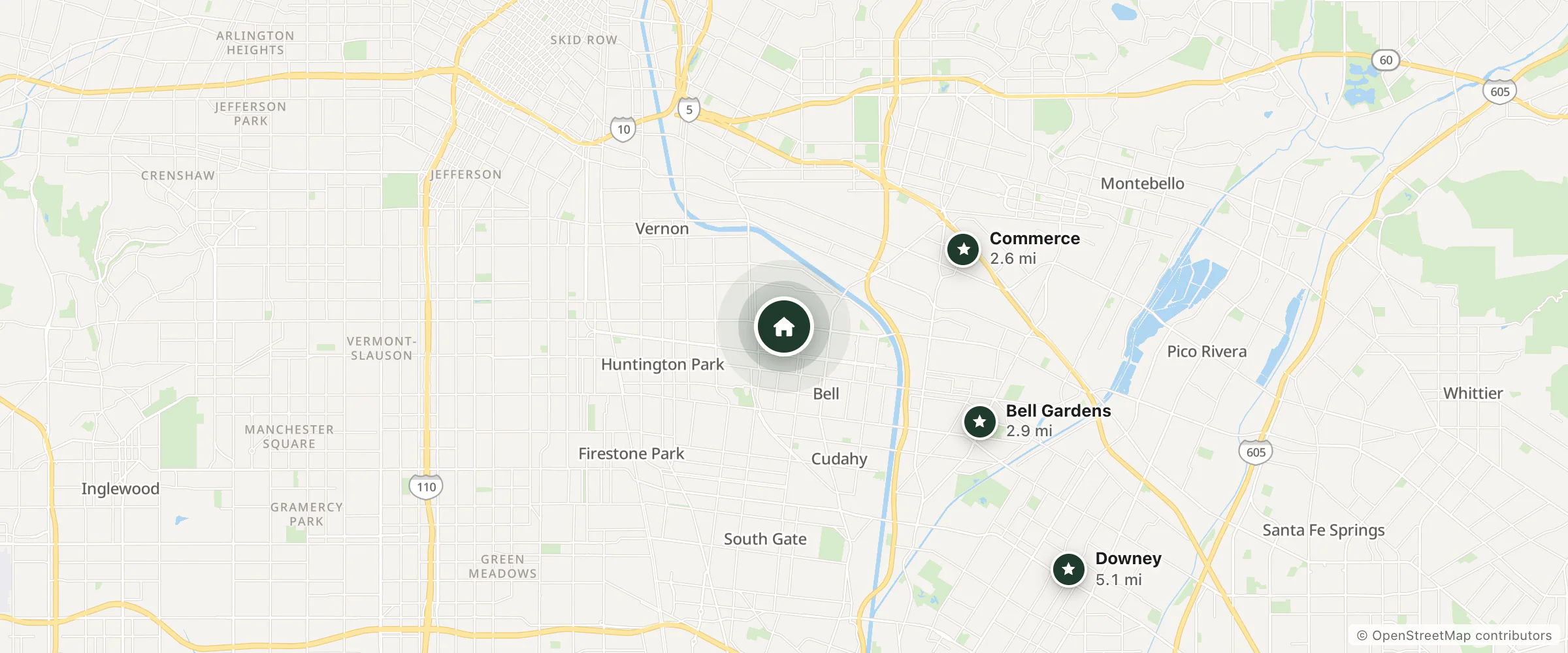 Map of Crystal Palace Inn and nearby Commerce, Bell Gardens and Downey