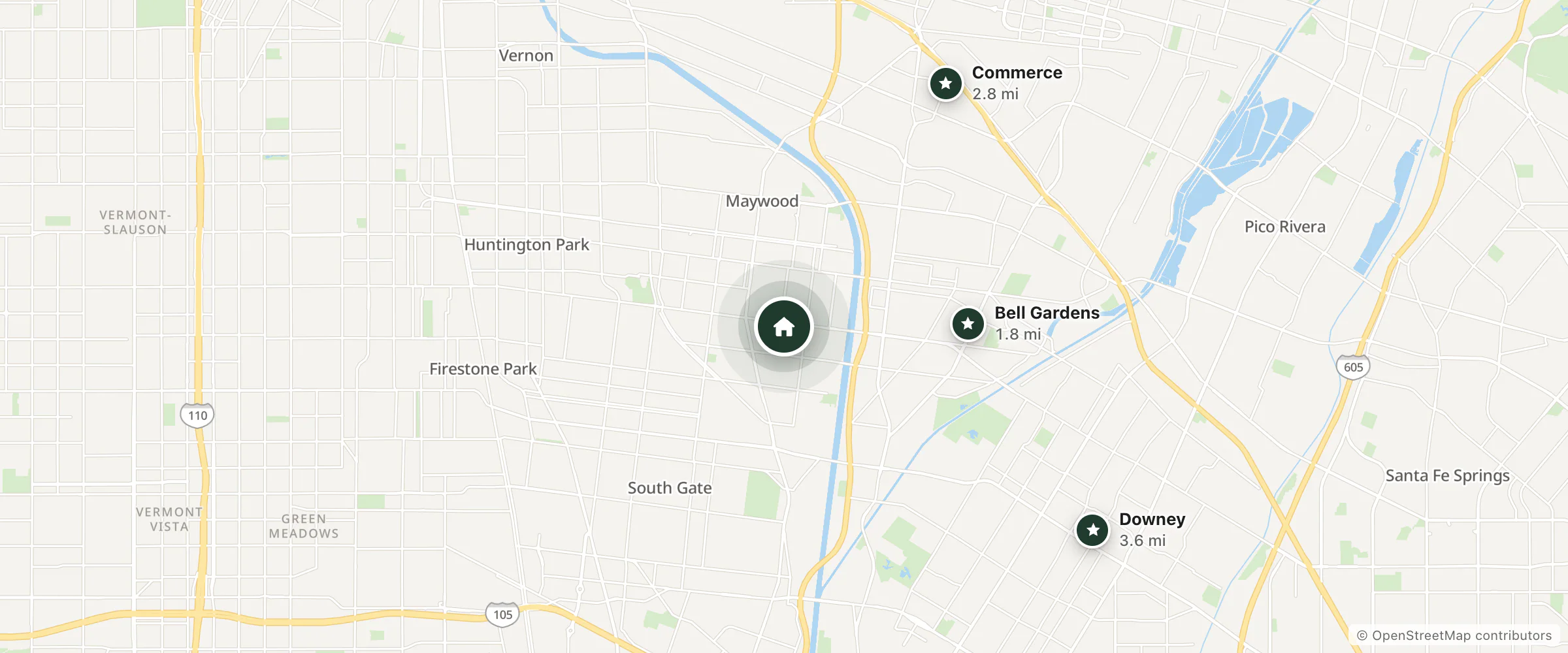 Map of Diamond Bell Inn and Suites and nearby Bell Gardens, Commerce and Downey